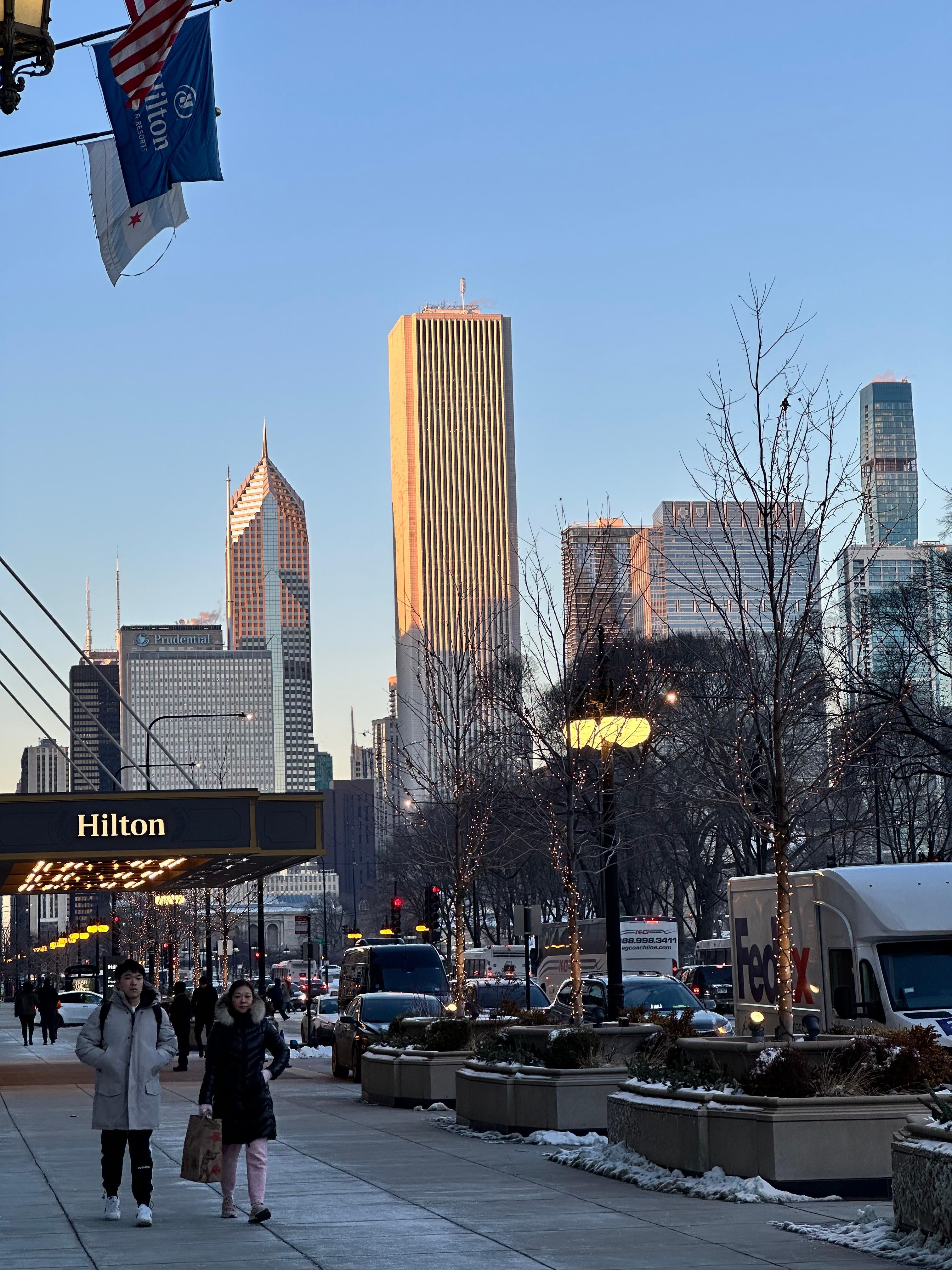 View of downtown from the sidewalk in front of the Essex. 