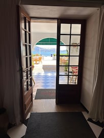 Looking out of the hotels front door.