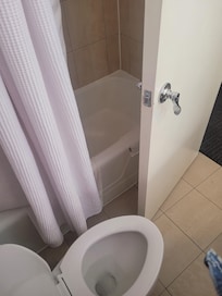 The toilet is so close to the tub!