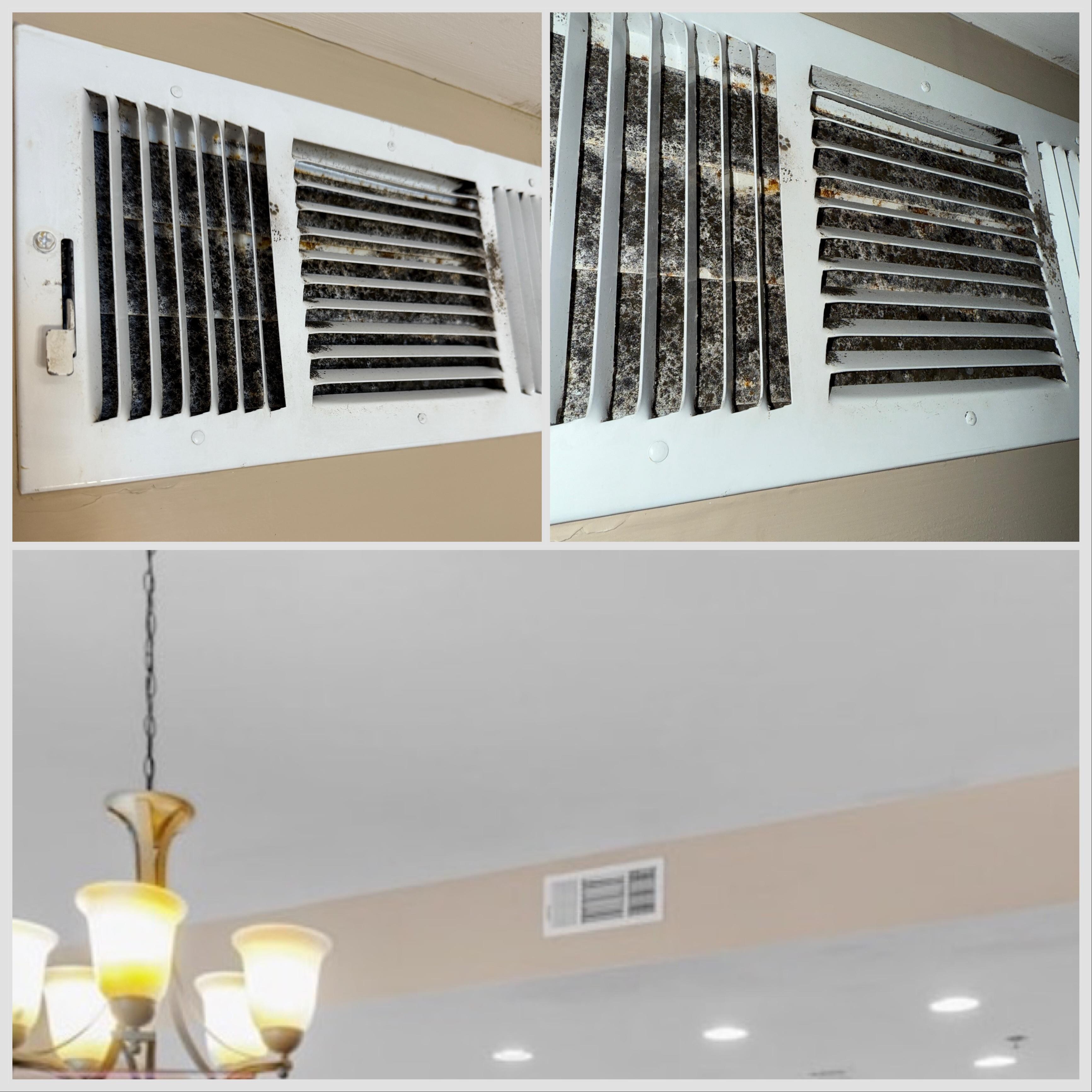 Mold in air vent in dining room above the table. Listing photo at the bottom of collage to show location of vent. 
