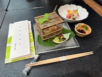 First course at kaiseki dinner. Dinner served in the restaurant across the bridge.