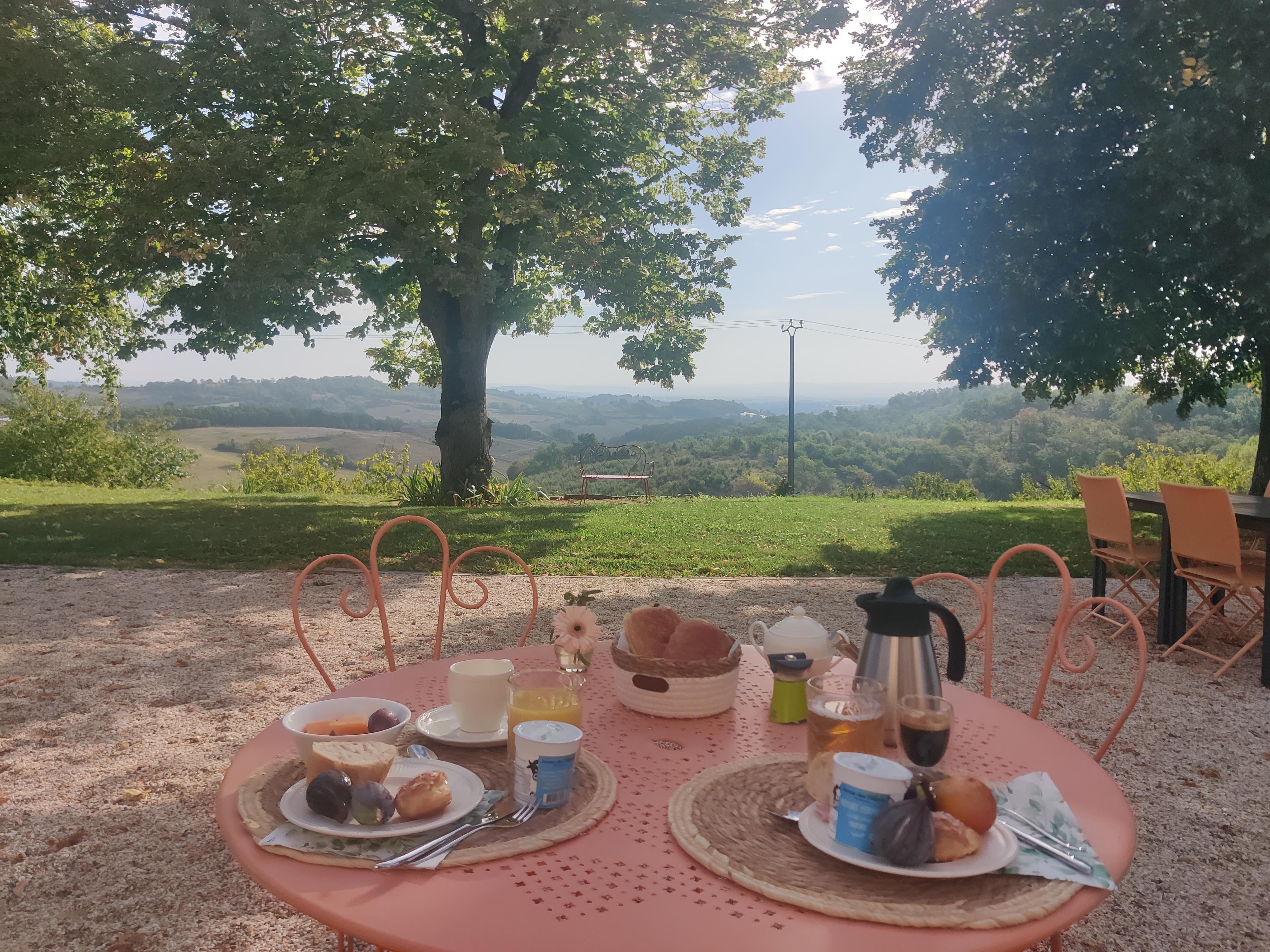 Petit déjeuner copieux avec produits locaux avec superbe vue sur les coteaux 