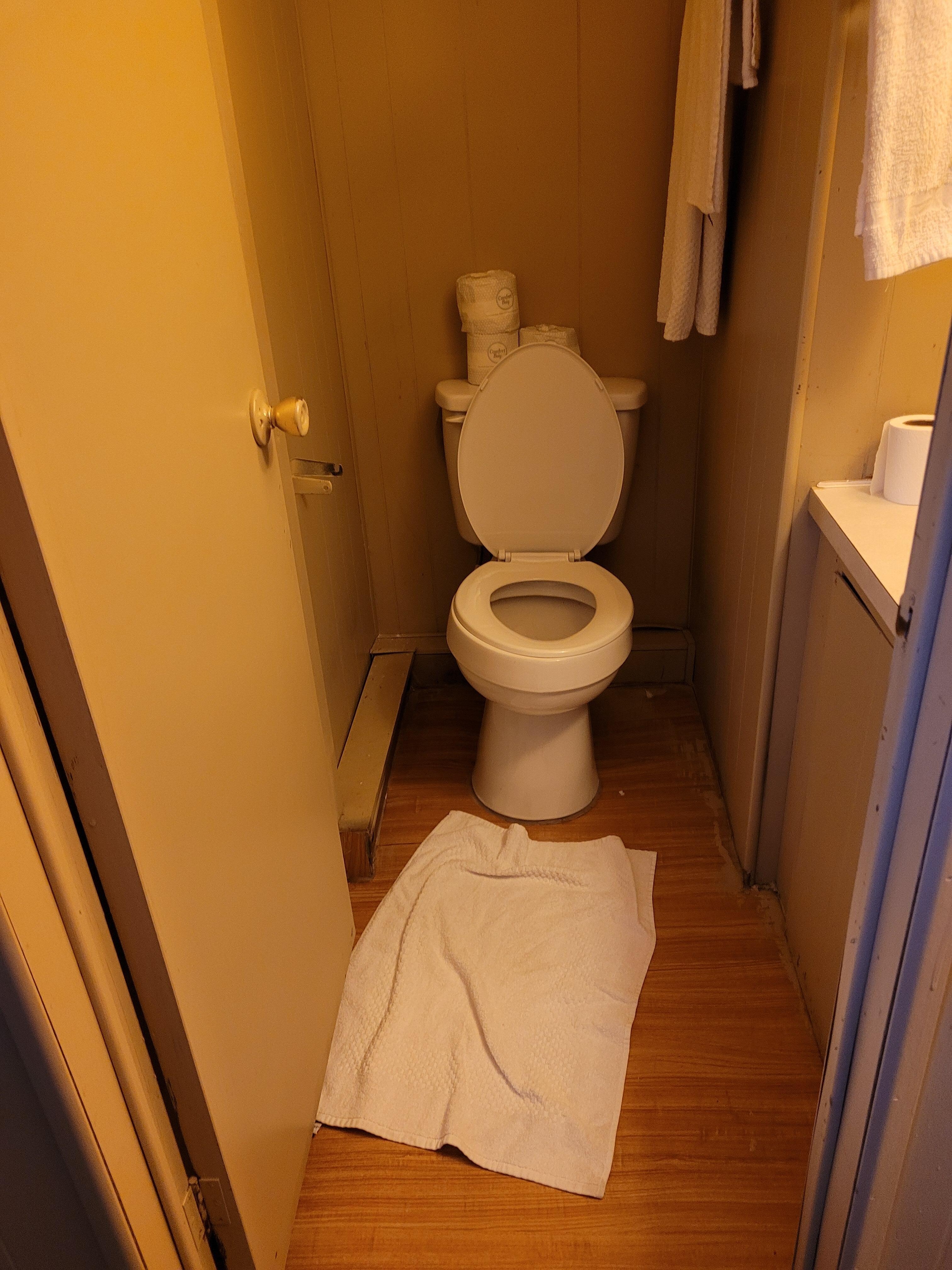 Vinyl linoleum holding toilet from falling in the floor