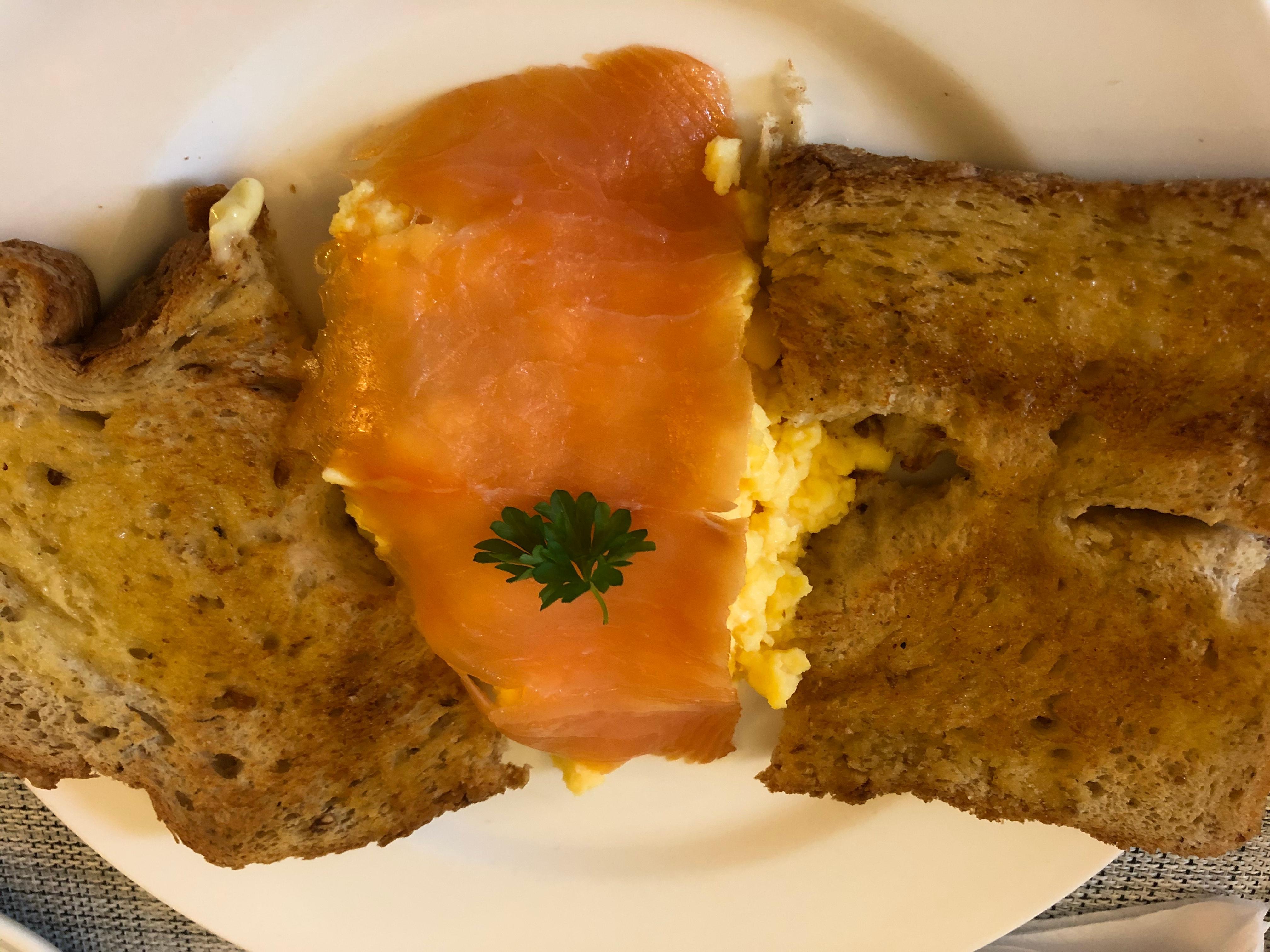 Scrambled egg and salmon- delicious. 