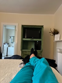 bedroom from bed view, bath on left