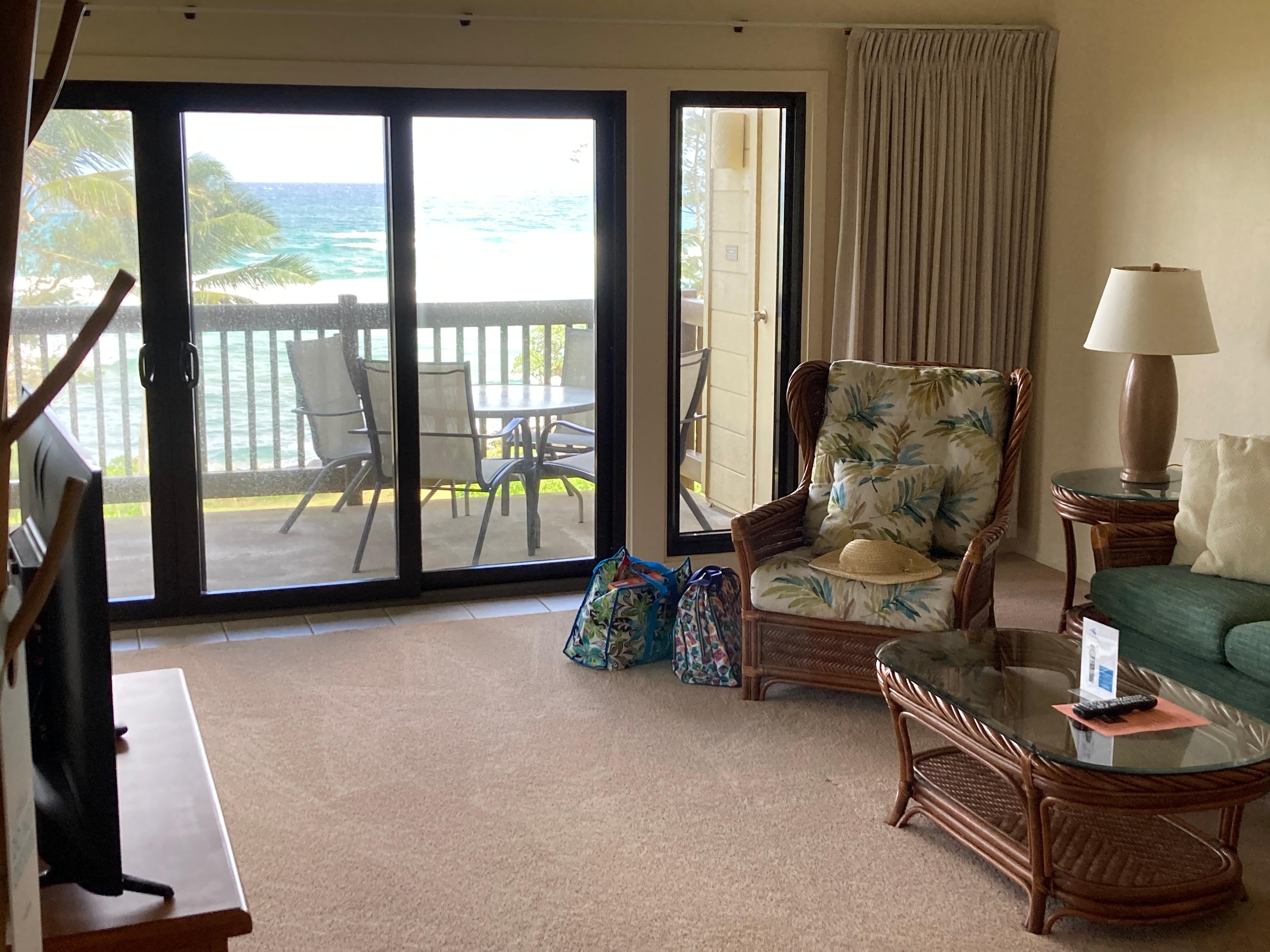 view of the living room and balcony.