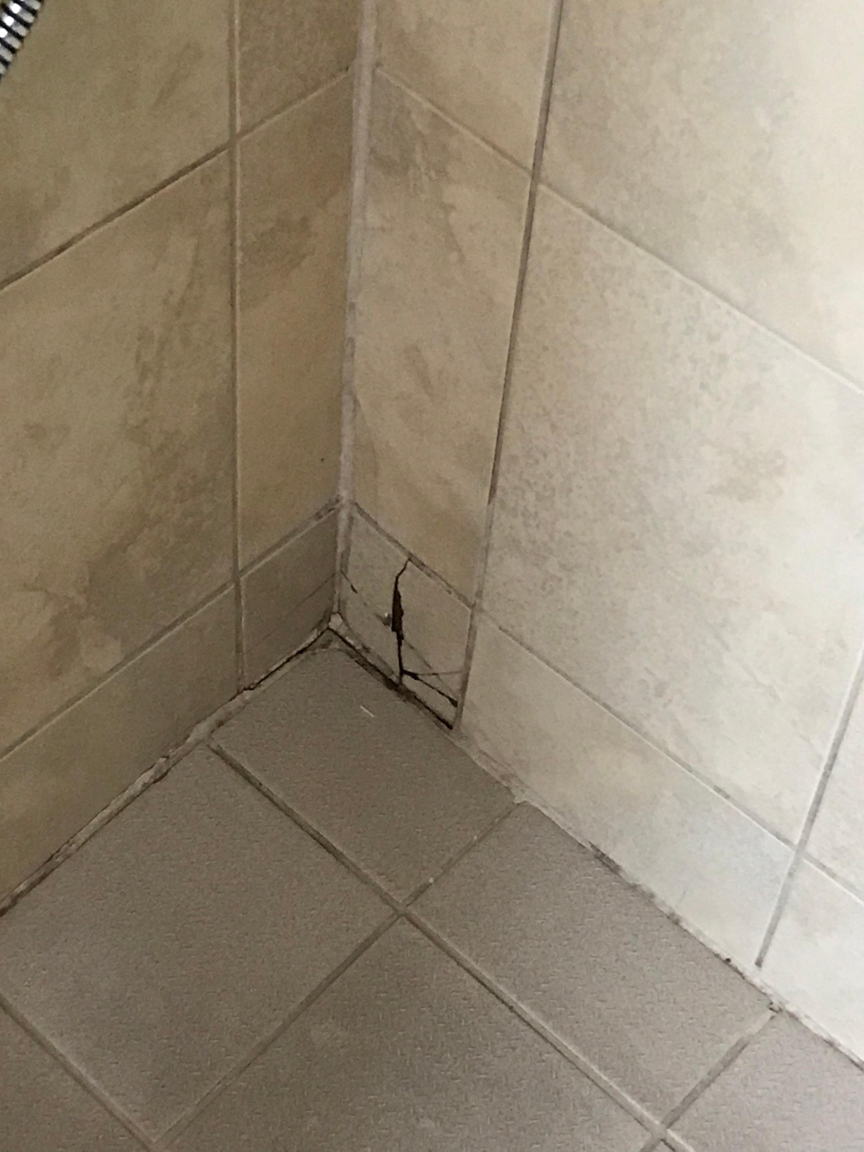 Broken tile in walk in shower where water laps against