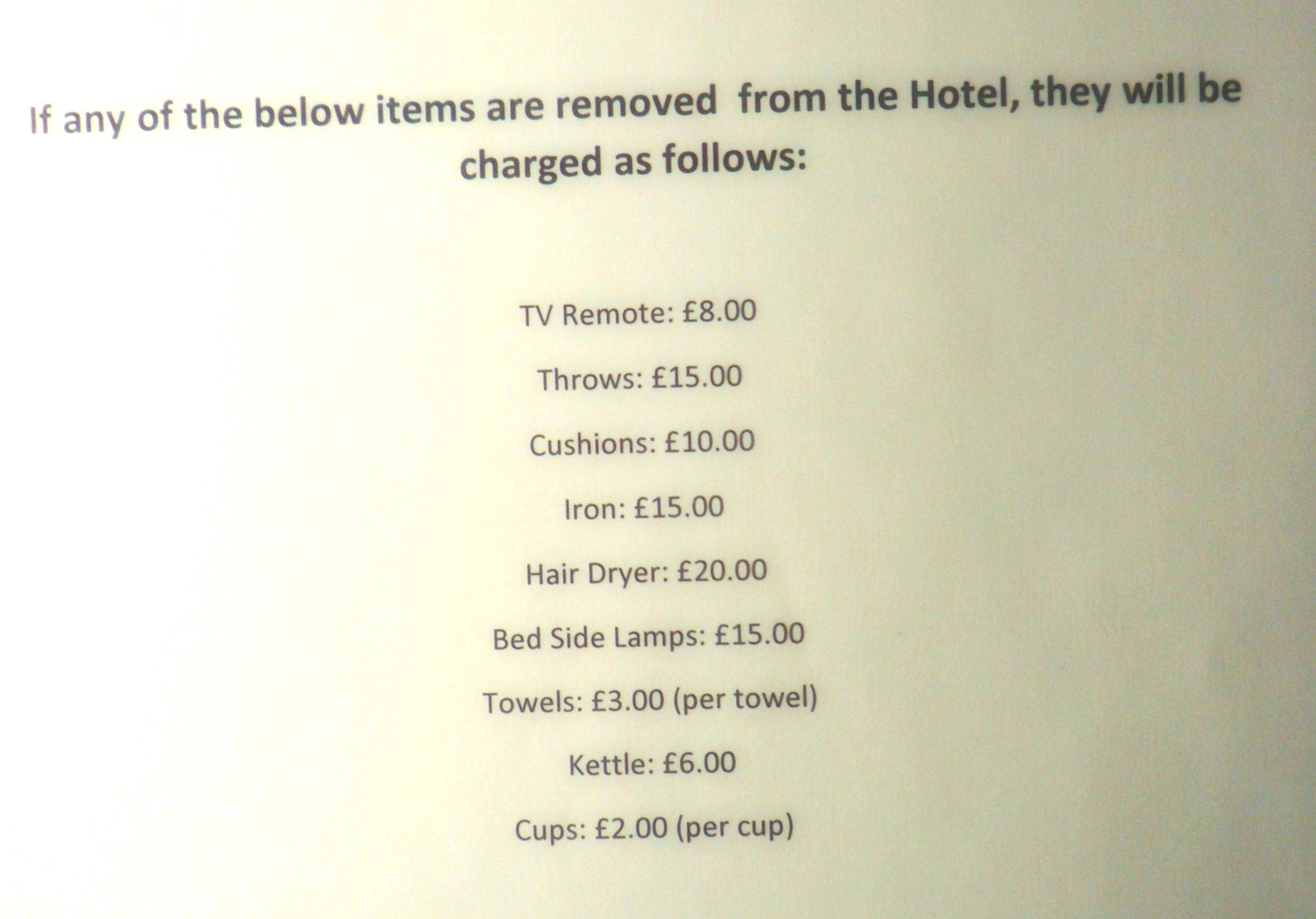 Page from hotel booklet in bedroom.