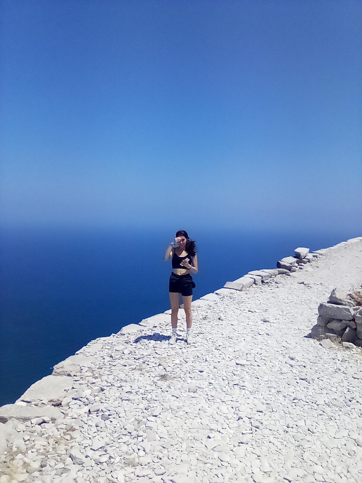 The view from the windy top of Mesa Vouno Mountain at the ruins of Ancient Thira.