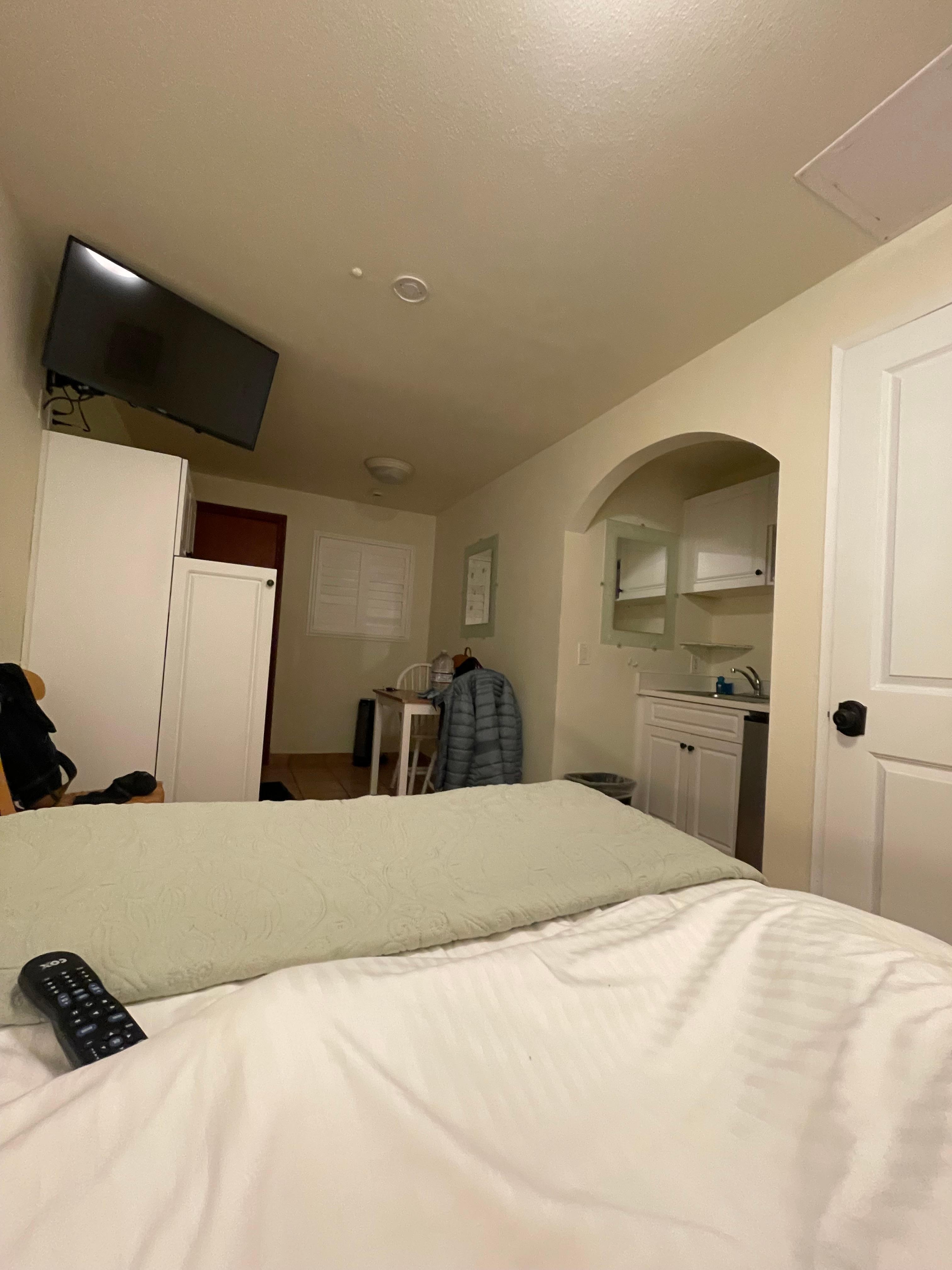 Looking out from bed which was clean sweet smelling sheets and comfortable for me. . 