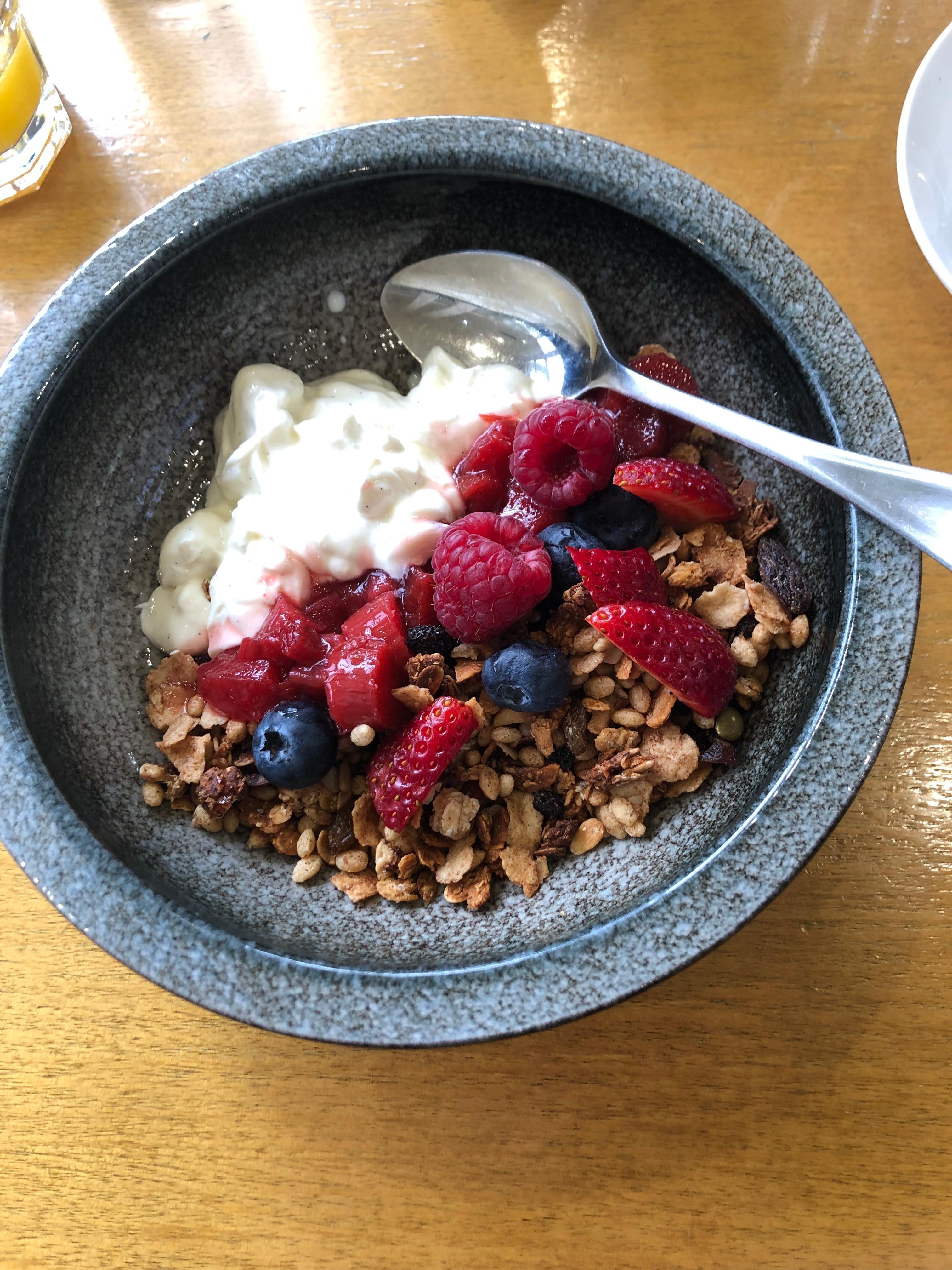 Sweetwater Muesli poached rhubarb, berries and Vanilla yogurt 