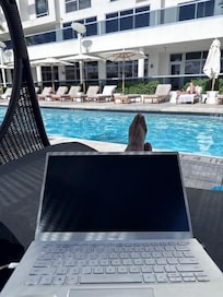 Working by the pool.
