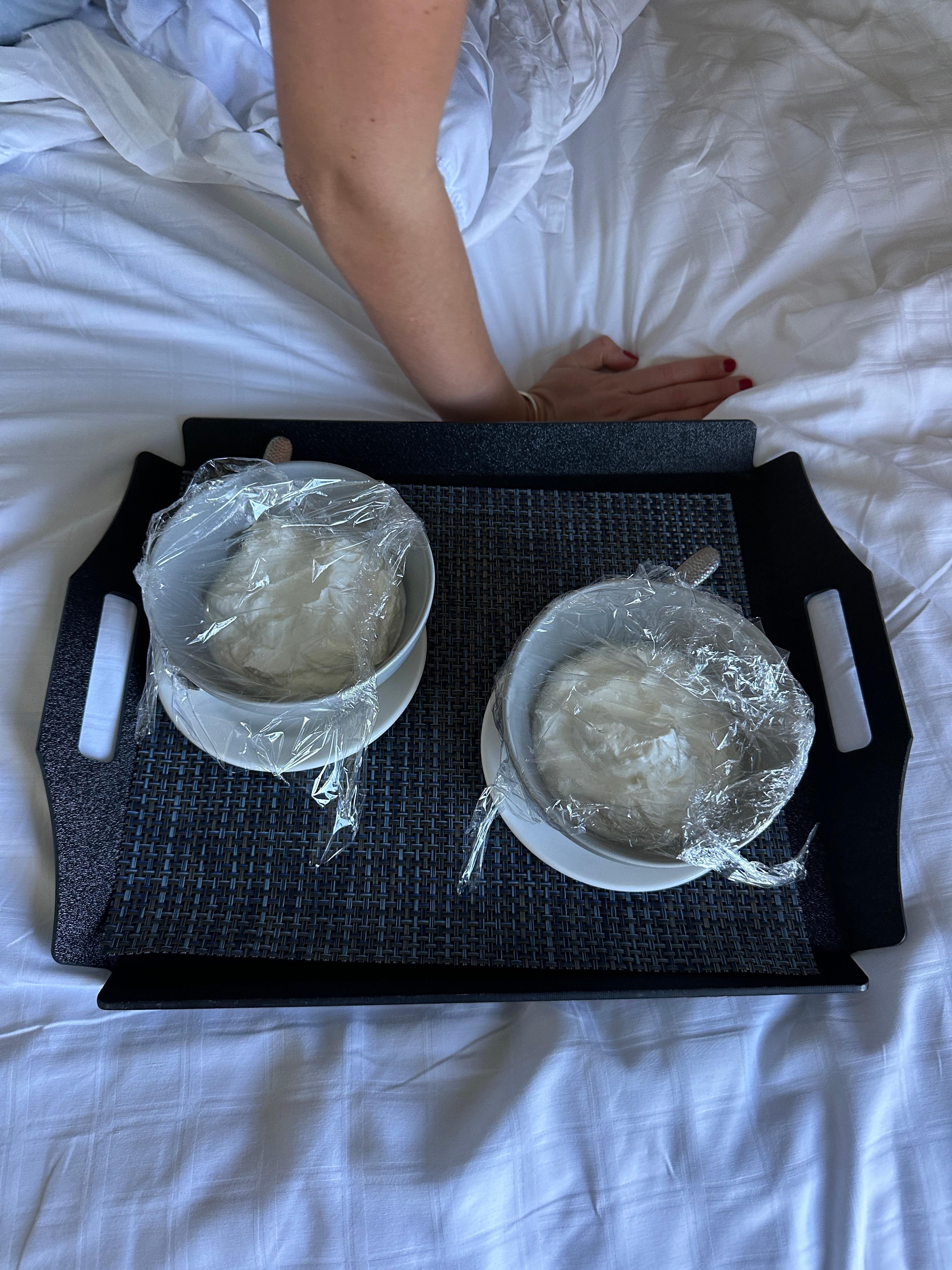 We ordered 2 yogurt bowls with berries & granola 
And 2 lattes … this is what arrived over an hour late. No coffee, no berries and no granola :( 