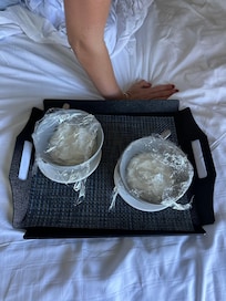 We ordered 2 yogurt bowls with berries & granola
And 2 lattes … this is what arrived over an hour late. No coffee, no berries and no granola :(