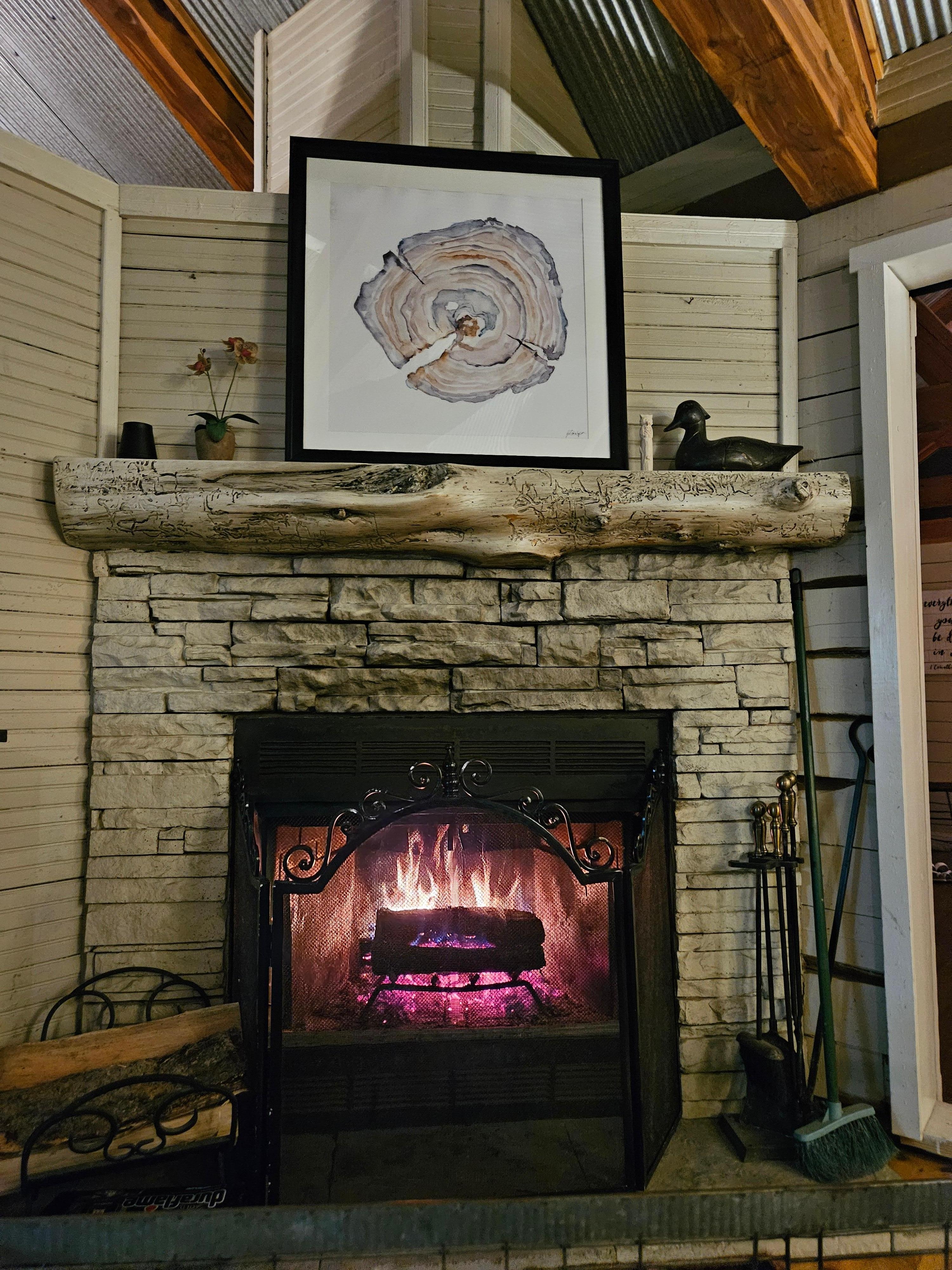 Wood burning in the living room.