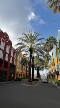 Between the garage and hotel