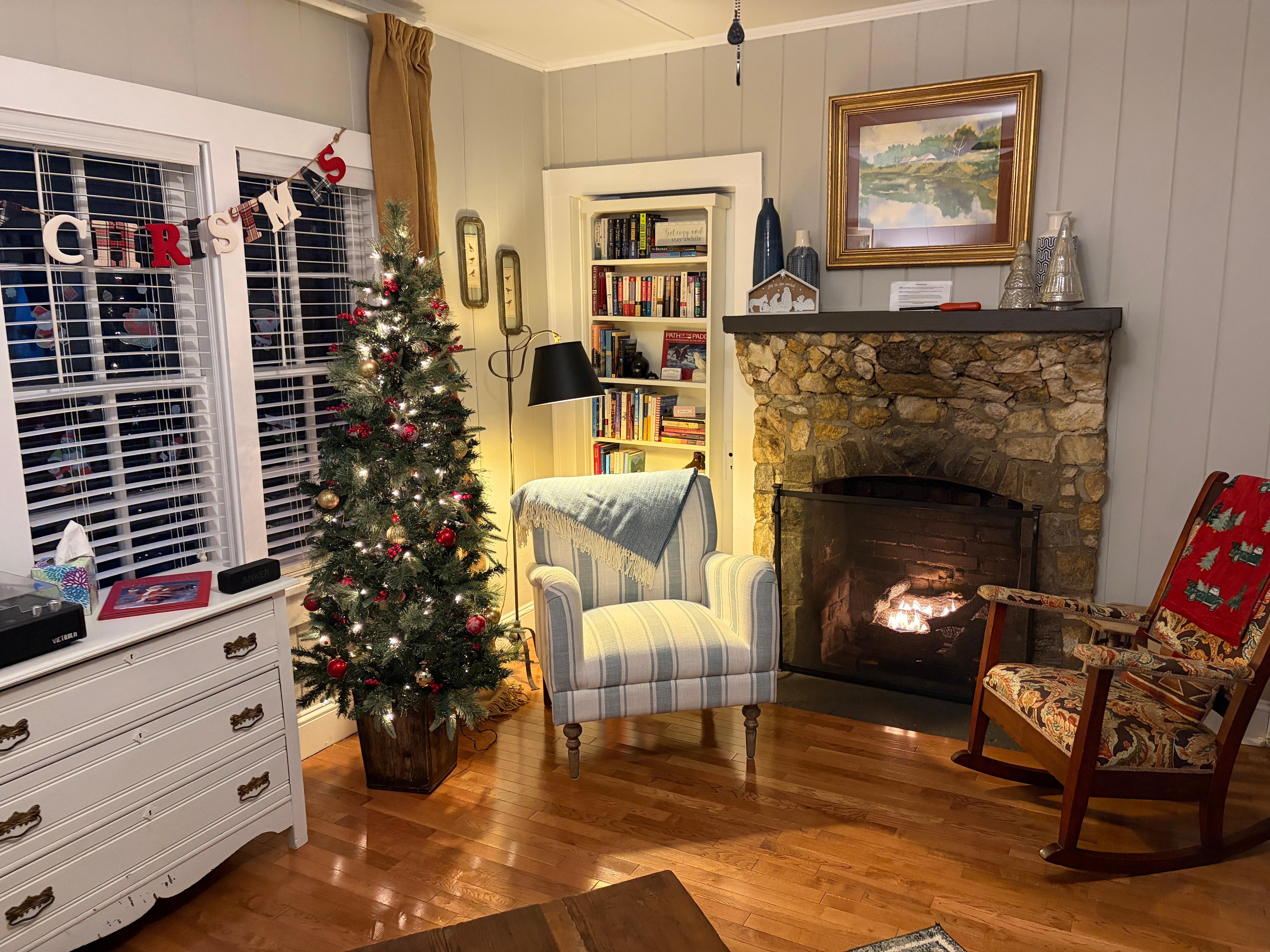 fireplace with Christmas tree in LR