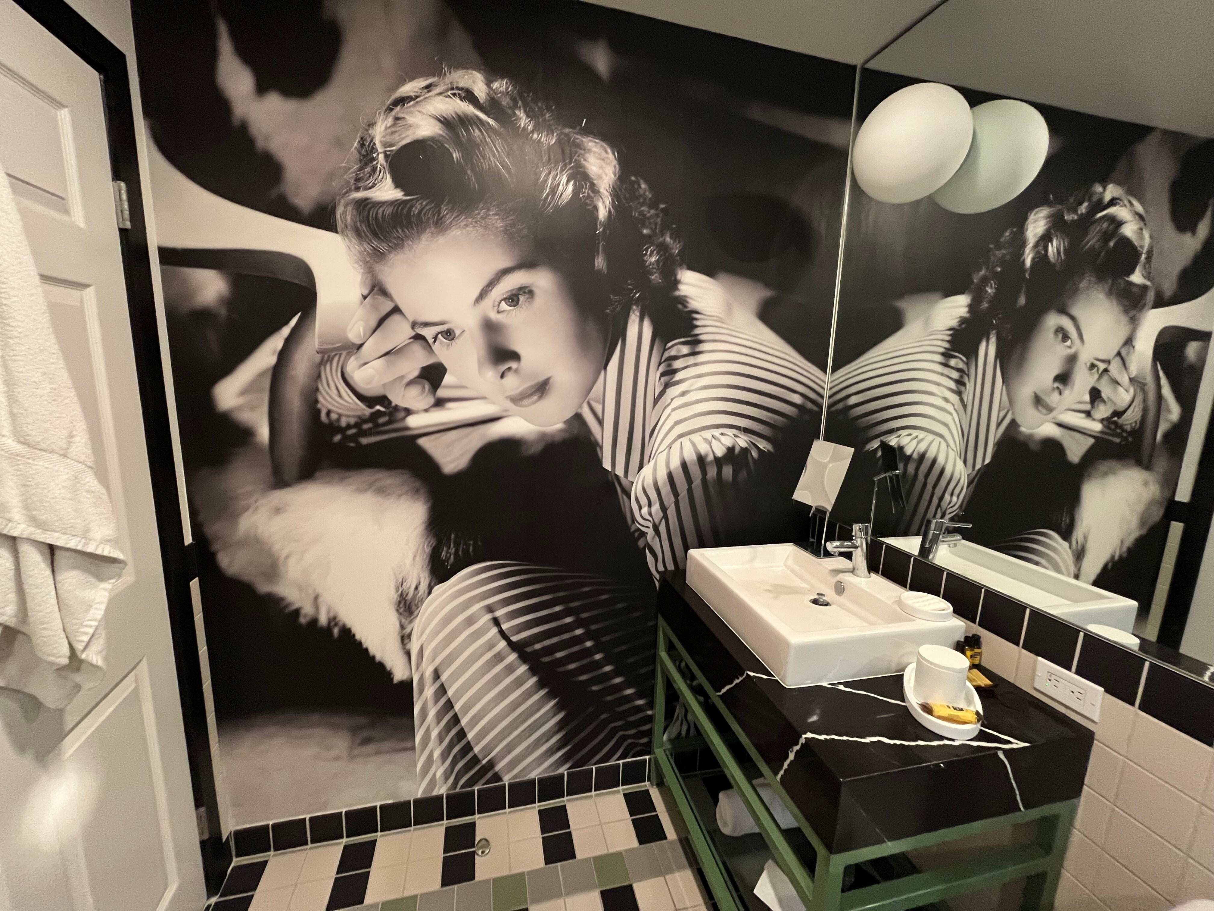 Muriel on bathroom wall! Definitely makes you feel like you are in Hollywood l!