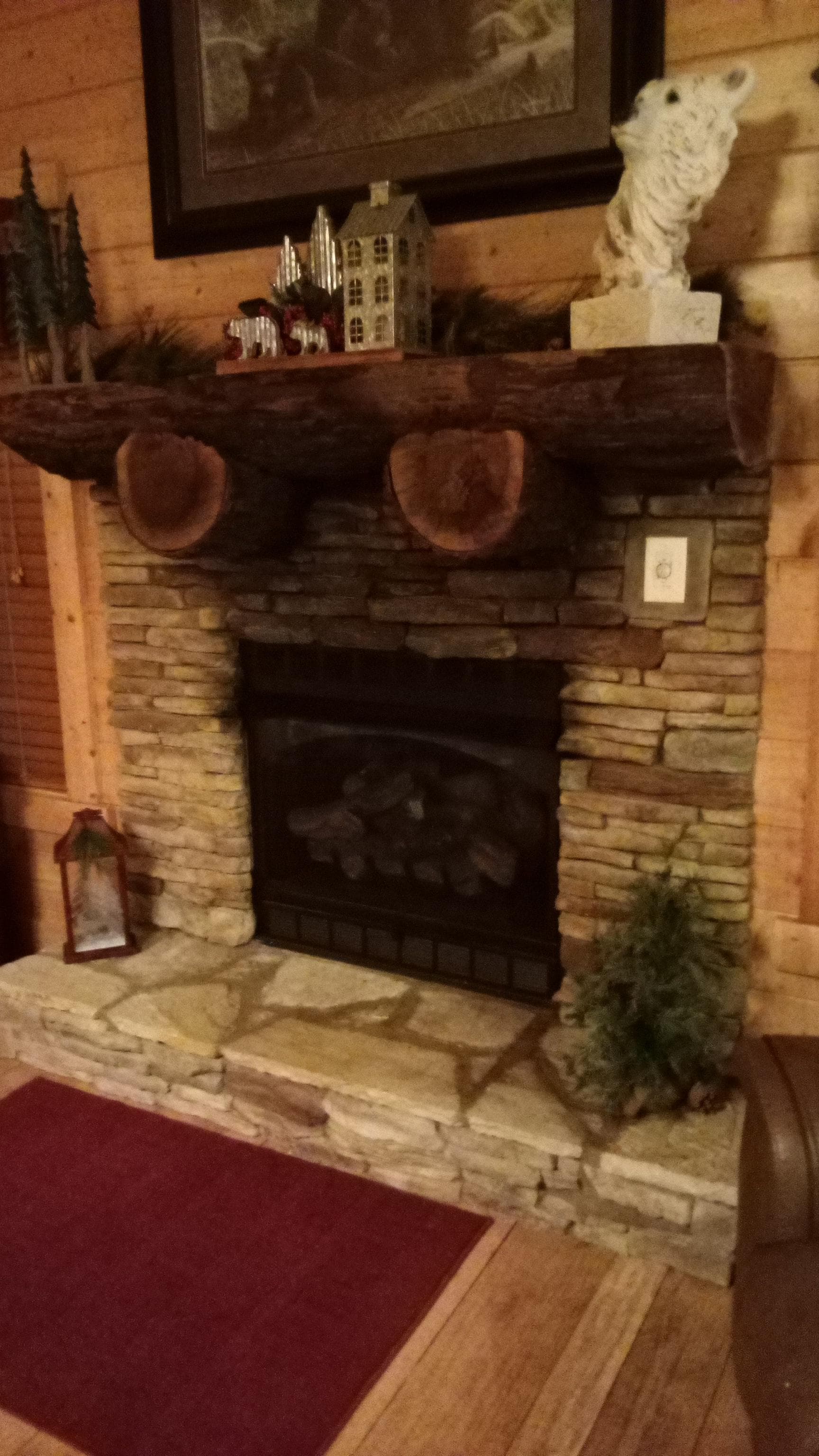 Beautiful fireplace and decor.