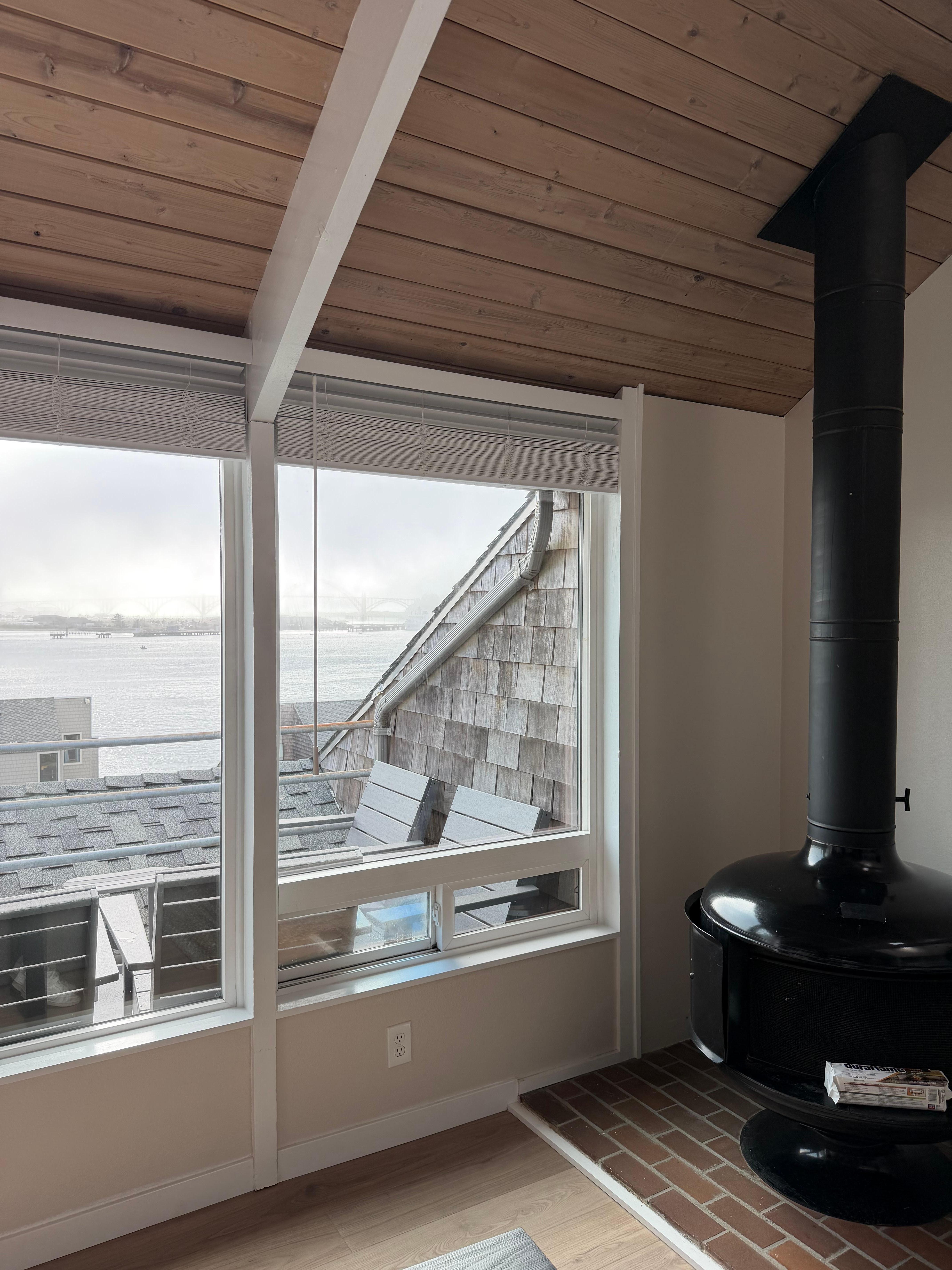 Fire place with bridge and bay view