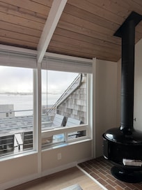 Fire place with bridge and bay view
