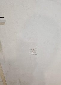 Dirty bathroom door with hole punched in it