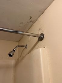 The shower with black mold. On the ledge, you can see the stick.