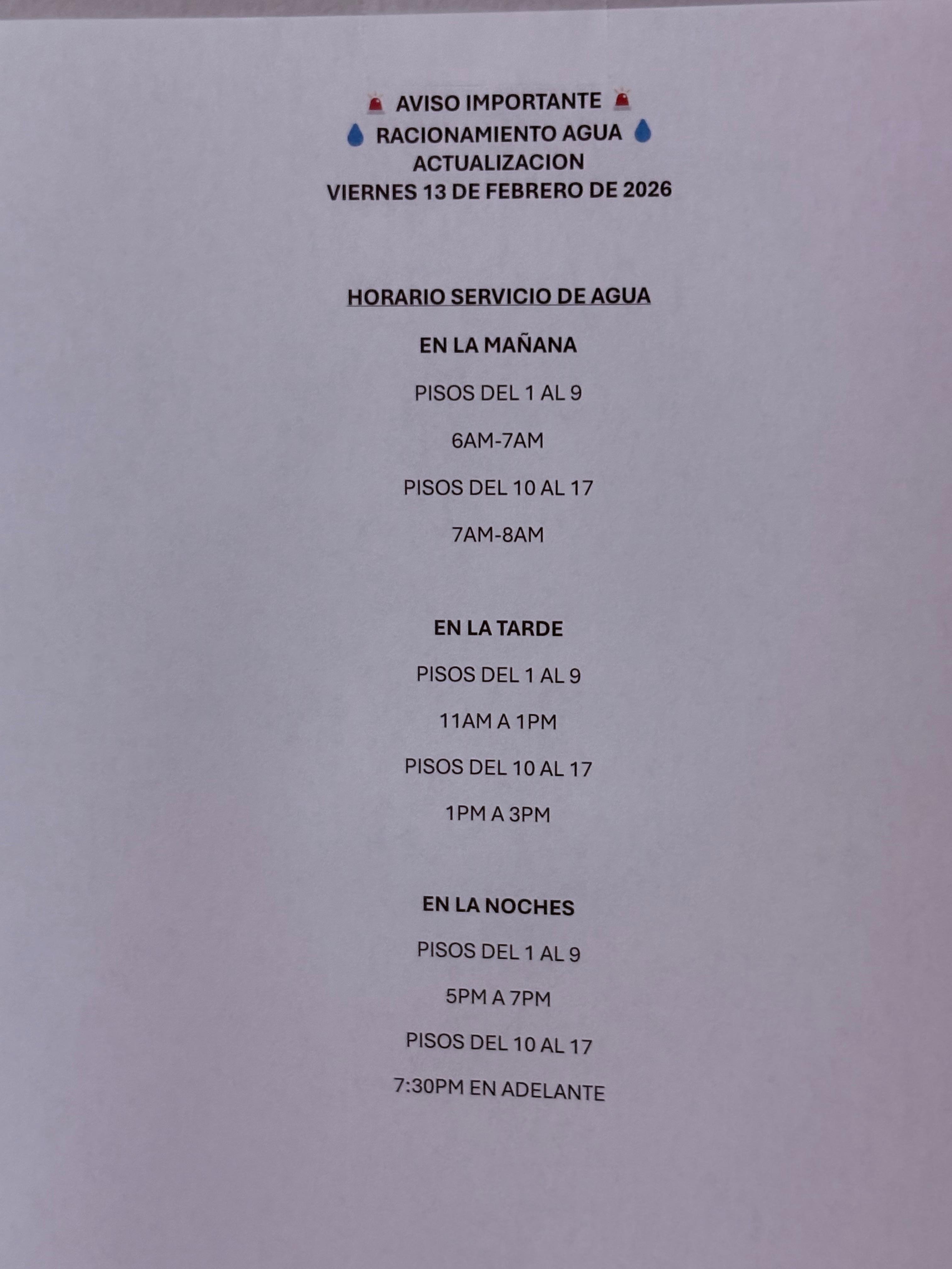 The “water schedule” posted by the elevator. 