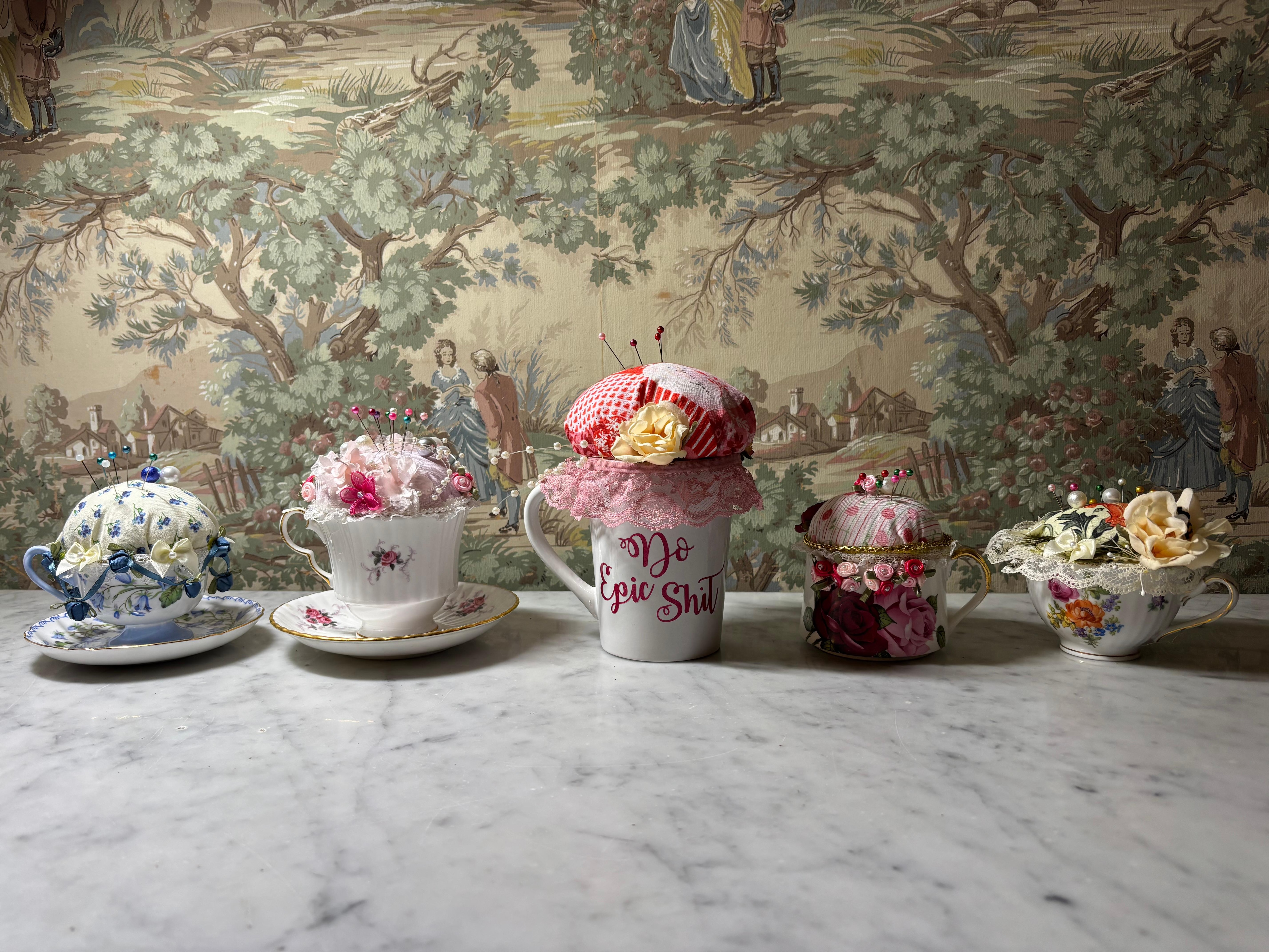 It was a quilting retreat weekend and we made these precious little tea cup pin cushions.