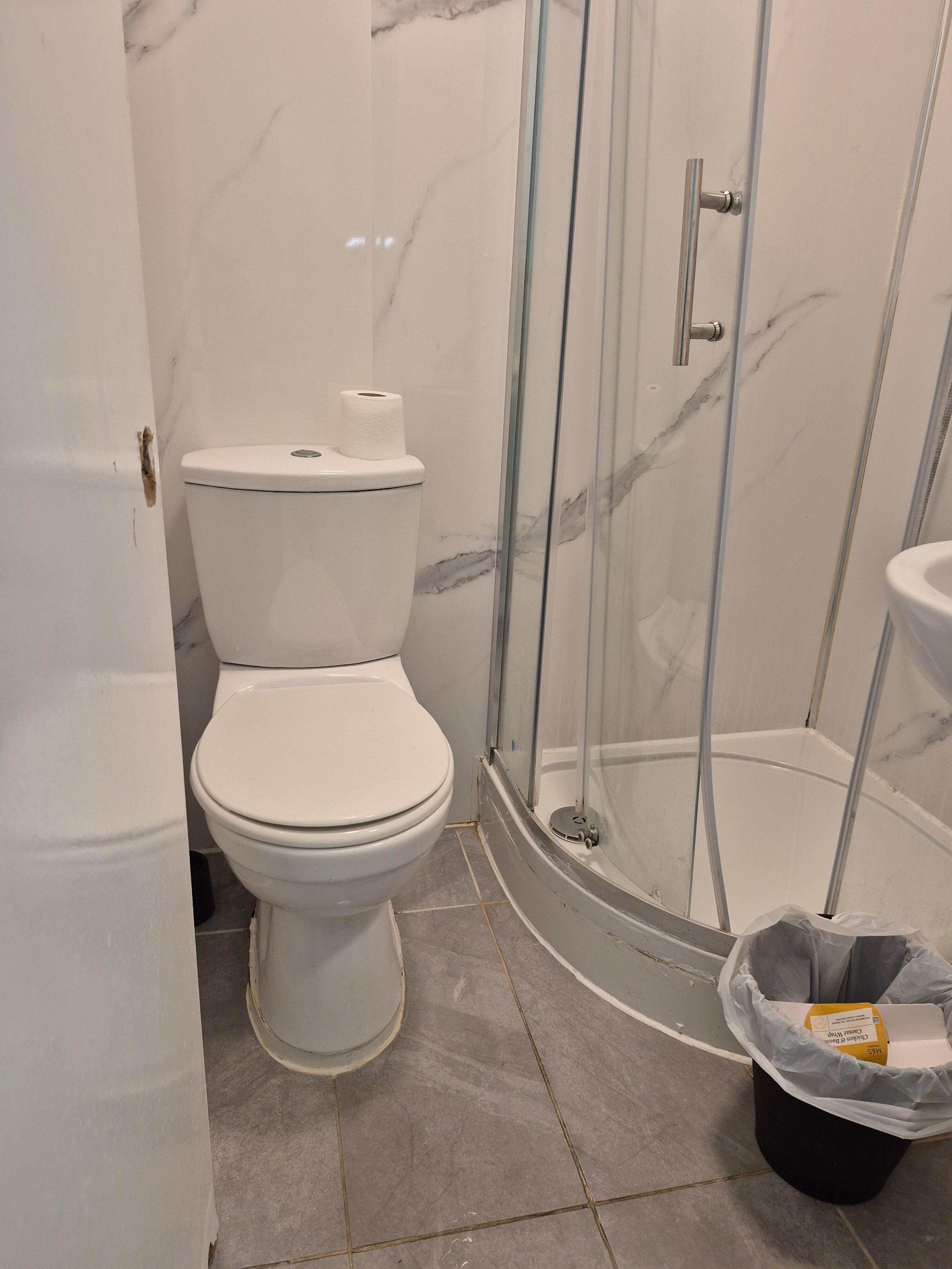 Bathroom, toilet water leak in front of toilet and broken shower door