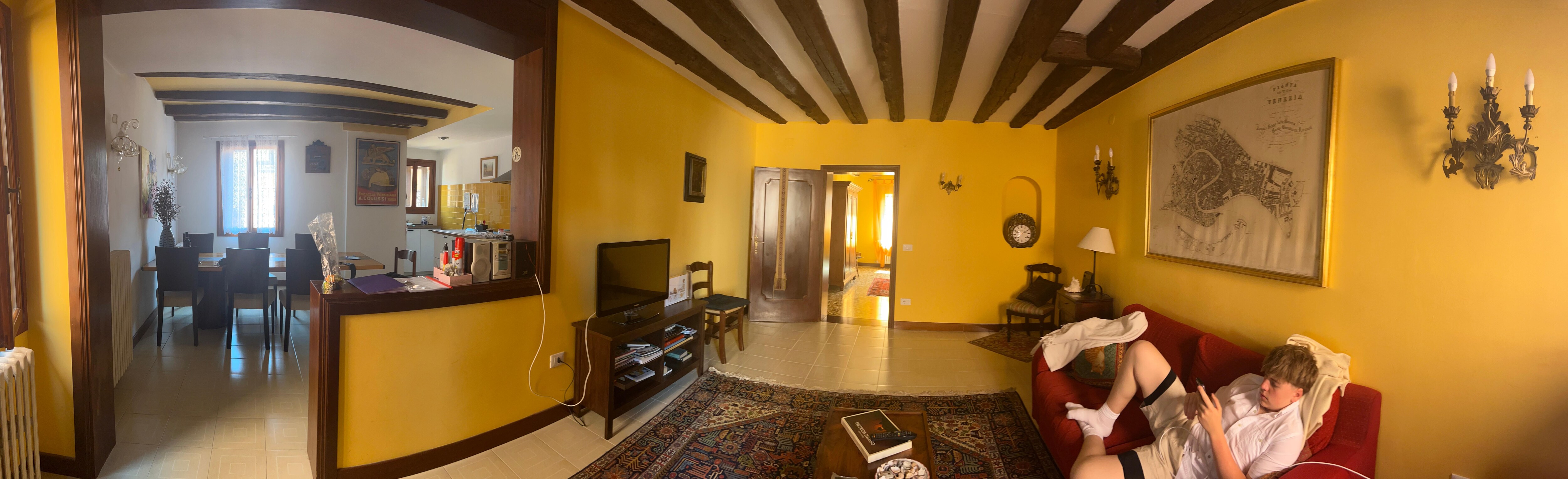 Panoramic view of the living and kitchen area