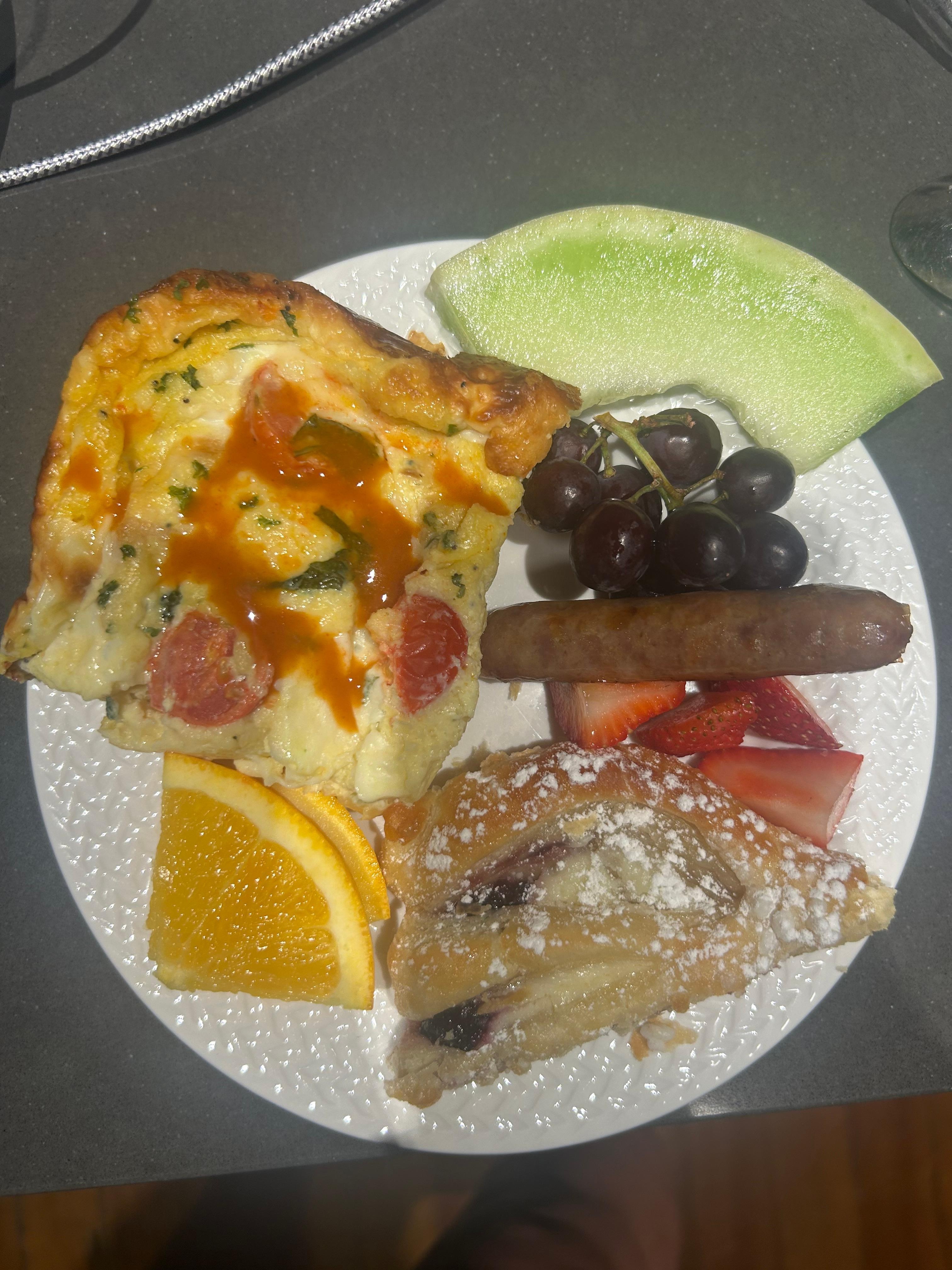 Tomato and mozzarella egg bake, yummy! Delivered to our room! 