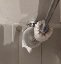 Dirty toilet brush and holder plus cobwebs in corner