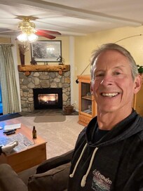 Chilling by the fireplace.