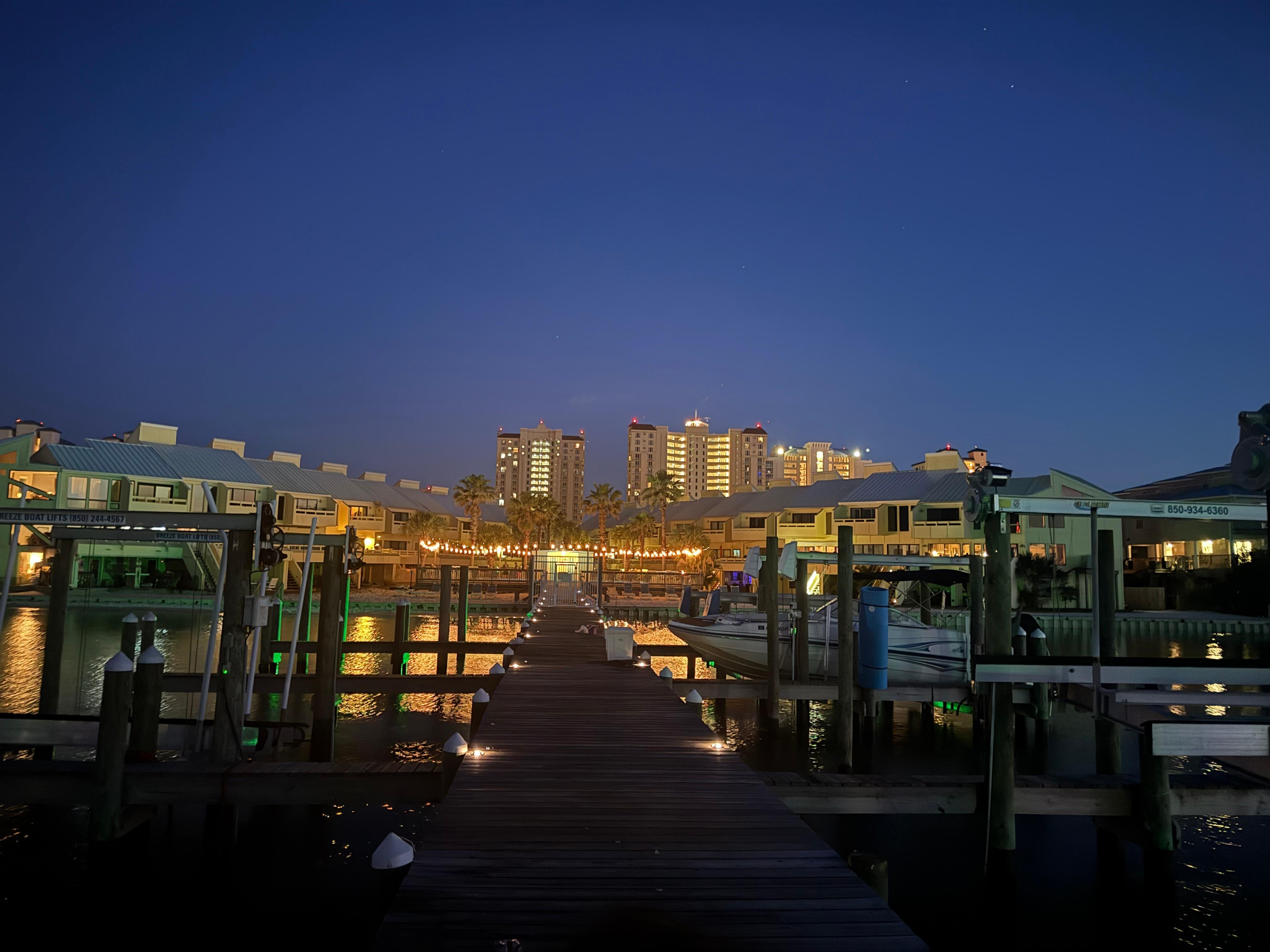 The view from the small pier the property has at night 