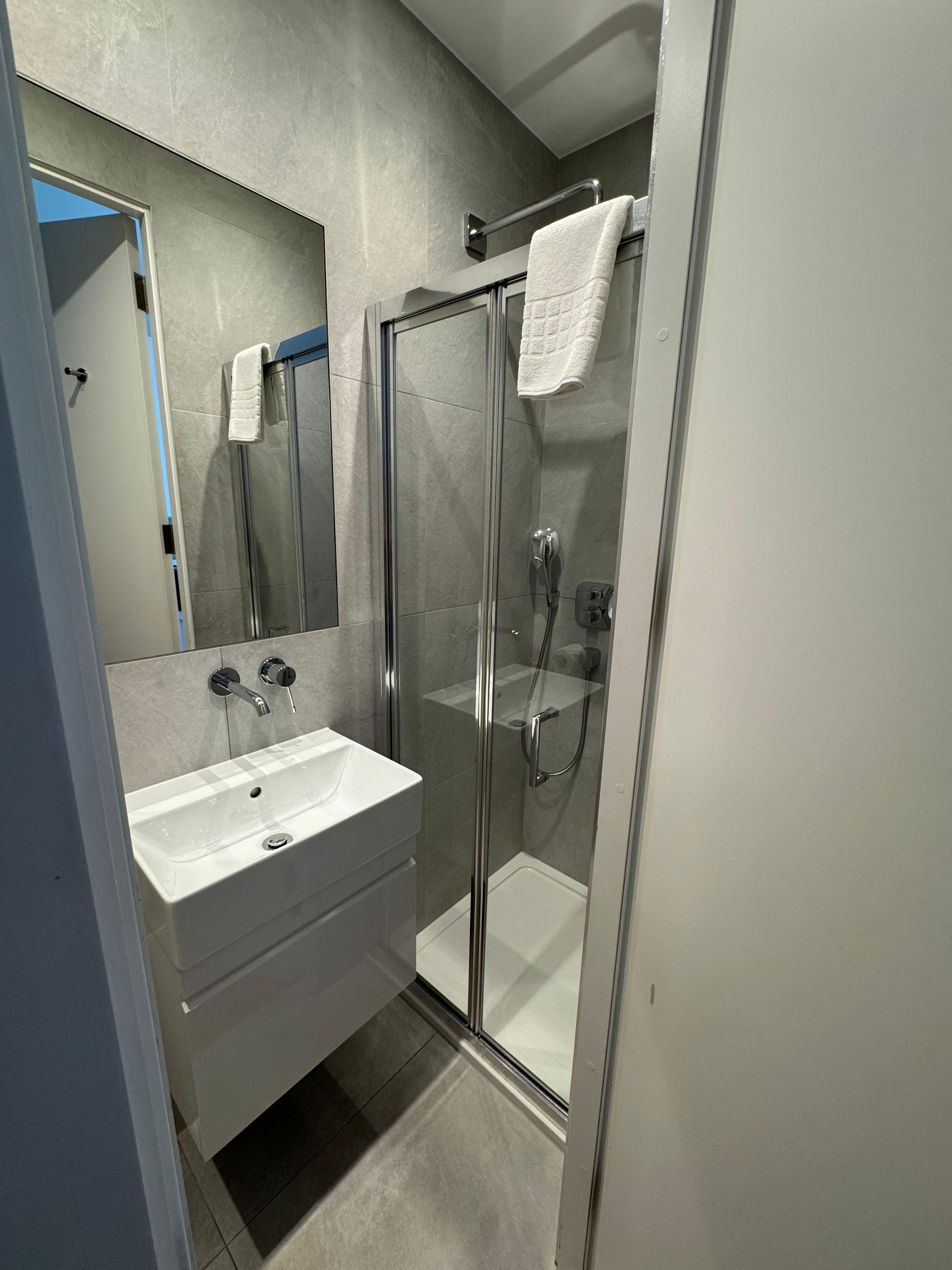 Shower and sink.  Shower is 'waterfall' type.