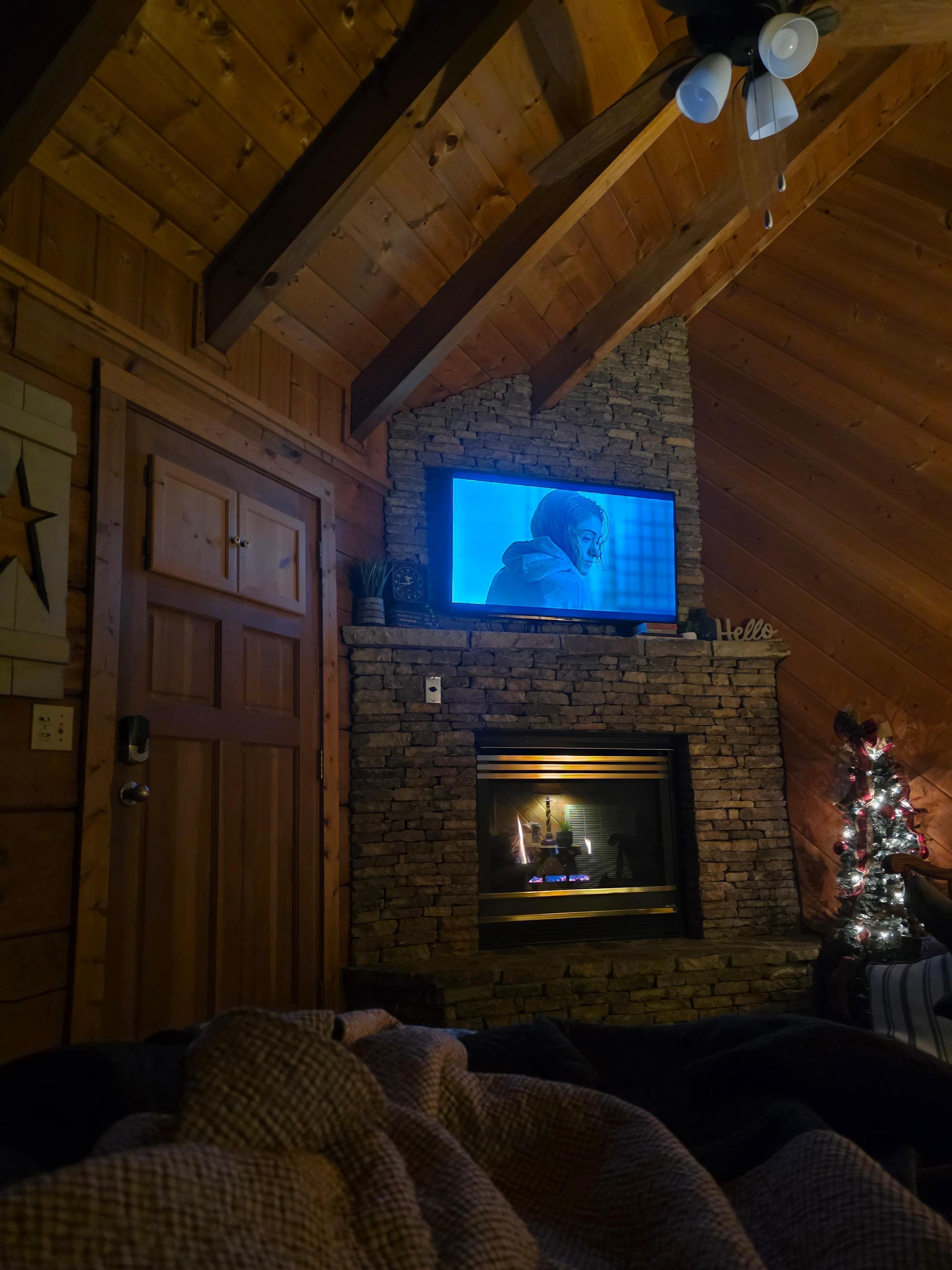 A relaxing evening by the fireplace after a long fun-filled day.
