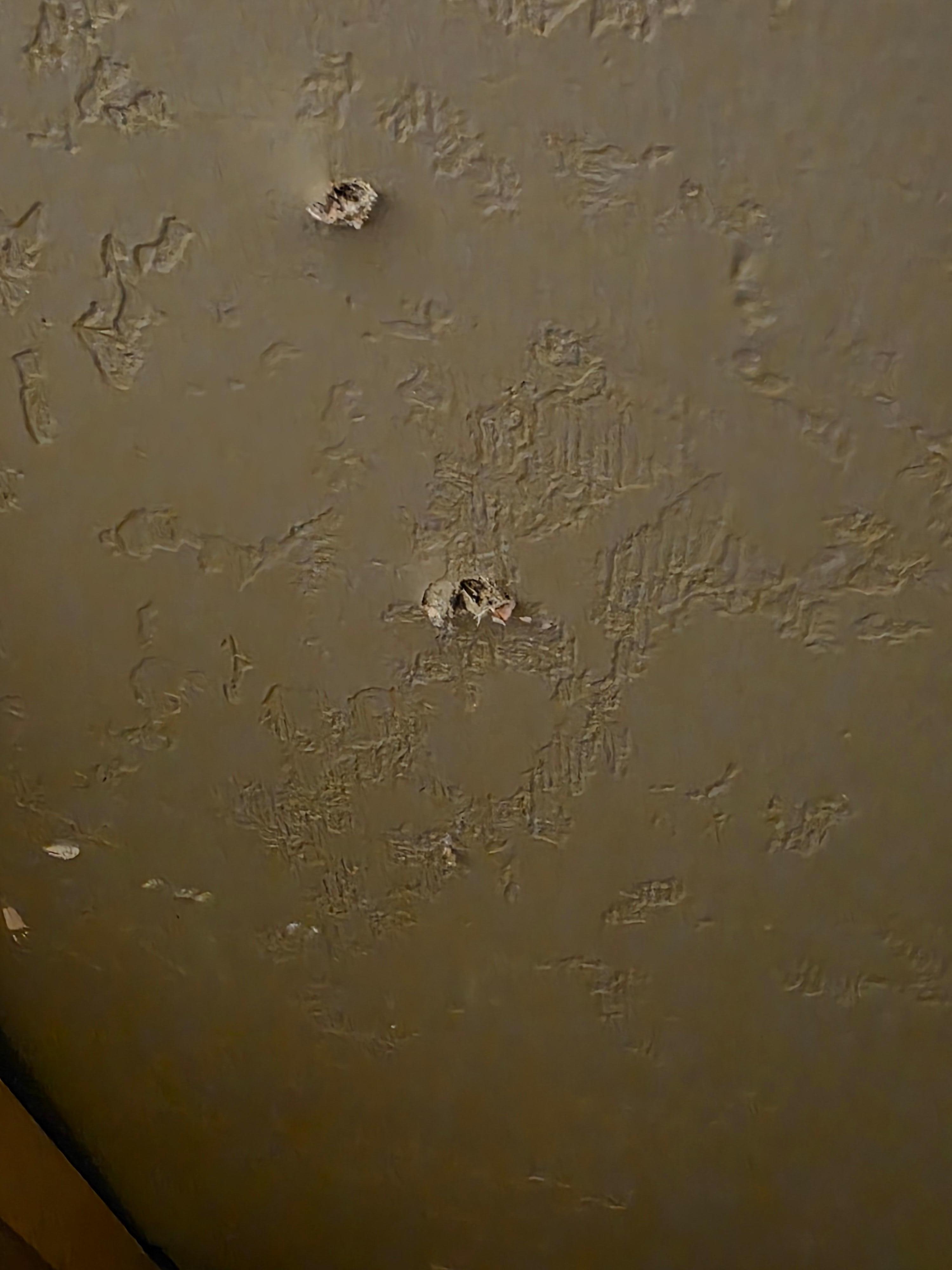 the holes in the wall where the panel should have been screwed into