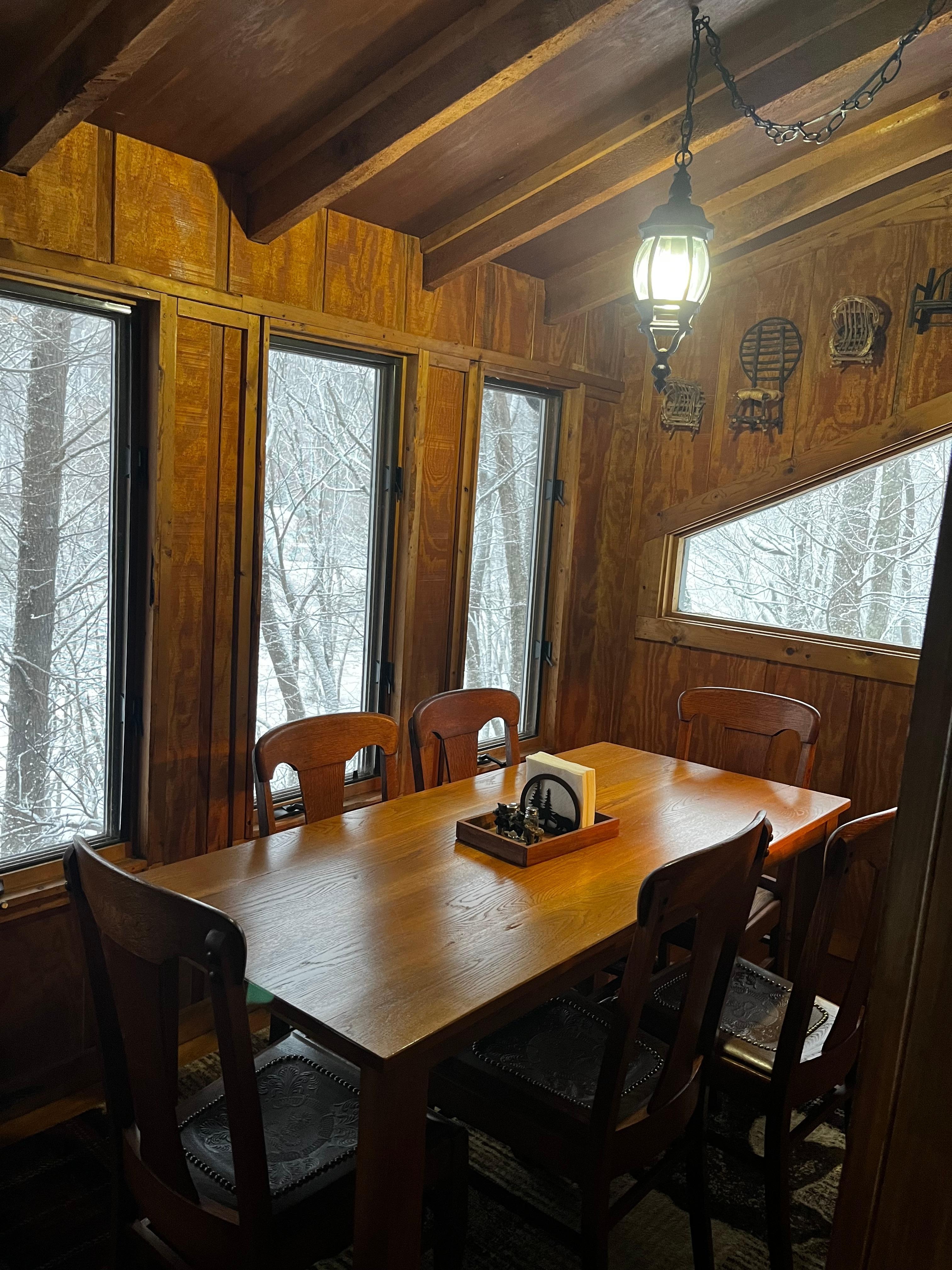 The dining area overlooks the creek below and was a beautiful setting to watch the snow and scenery. 