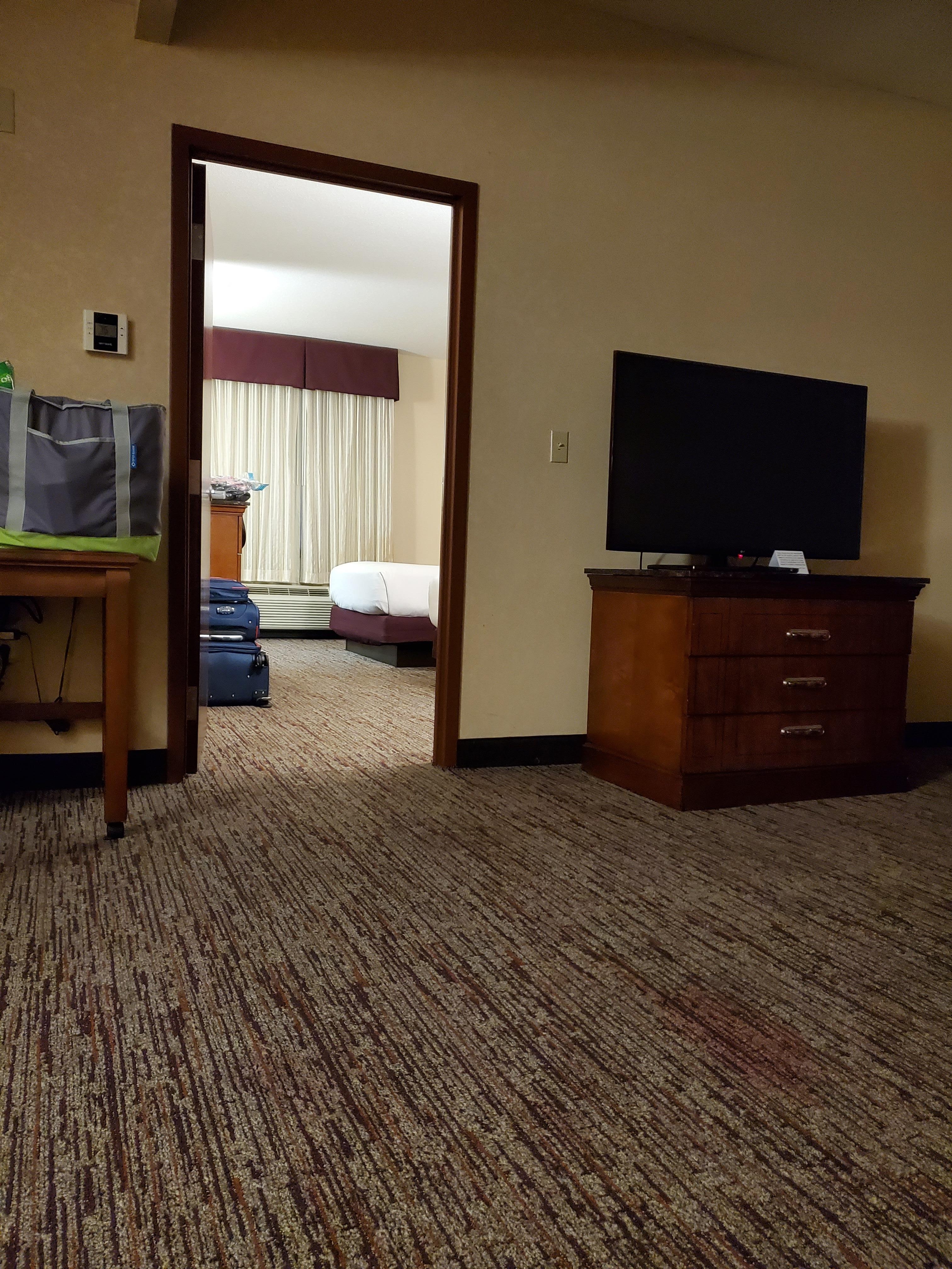 Suite with 2 rooms. Bedroom has 2 queen. Living room with 2 couchs and an easy chair.