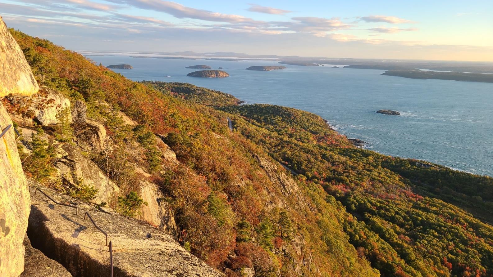 Sunrise light on Porcupine Islands from Precipice Trail. 