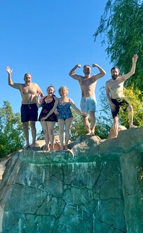 My SUPERB BIRTHDAY present - preparing to jump into the pool with my four adult children!!!
