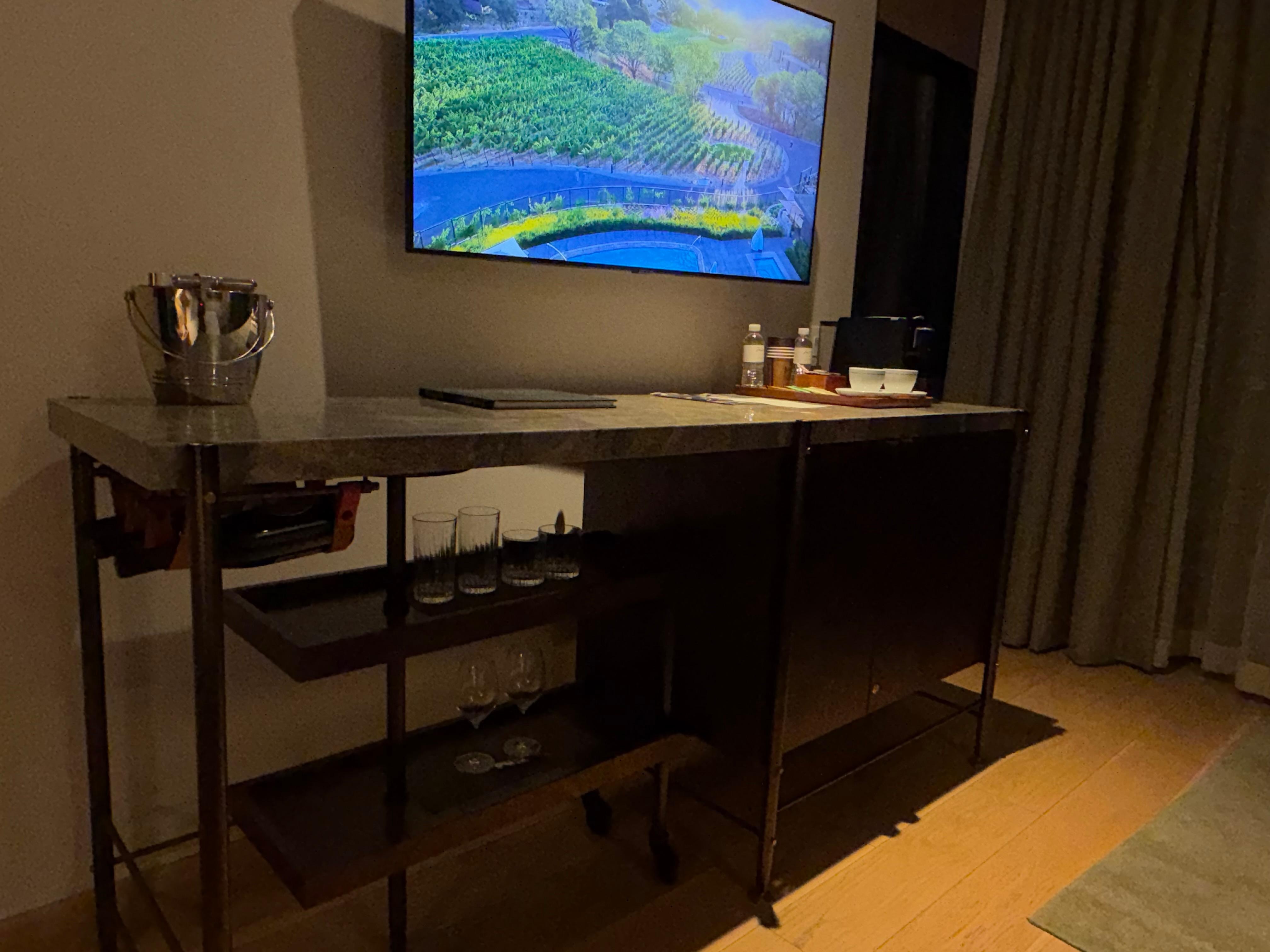 fully stocked bar and coffee maker