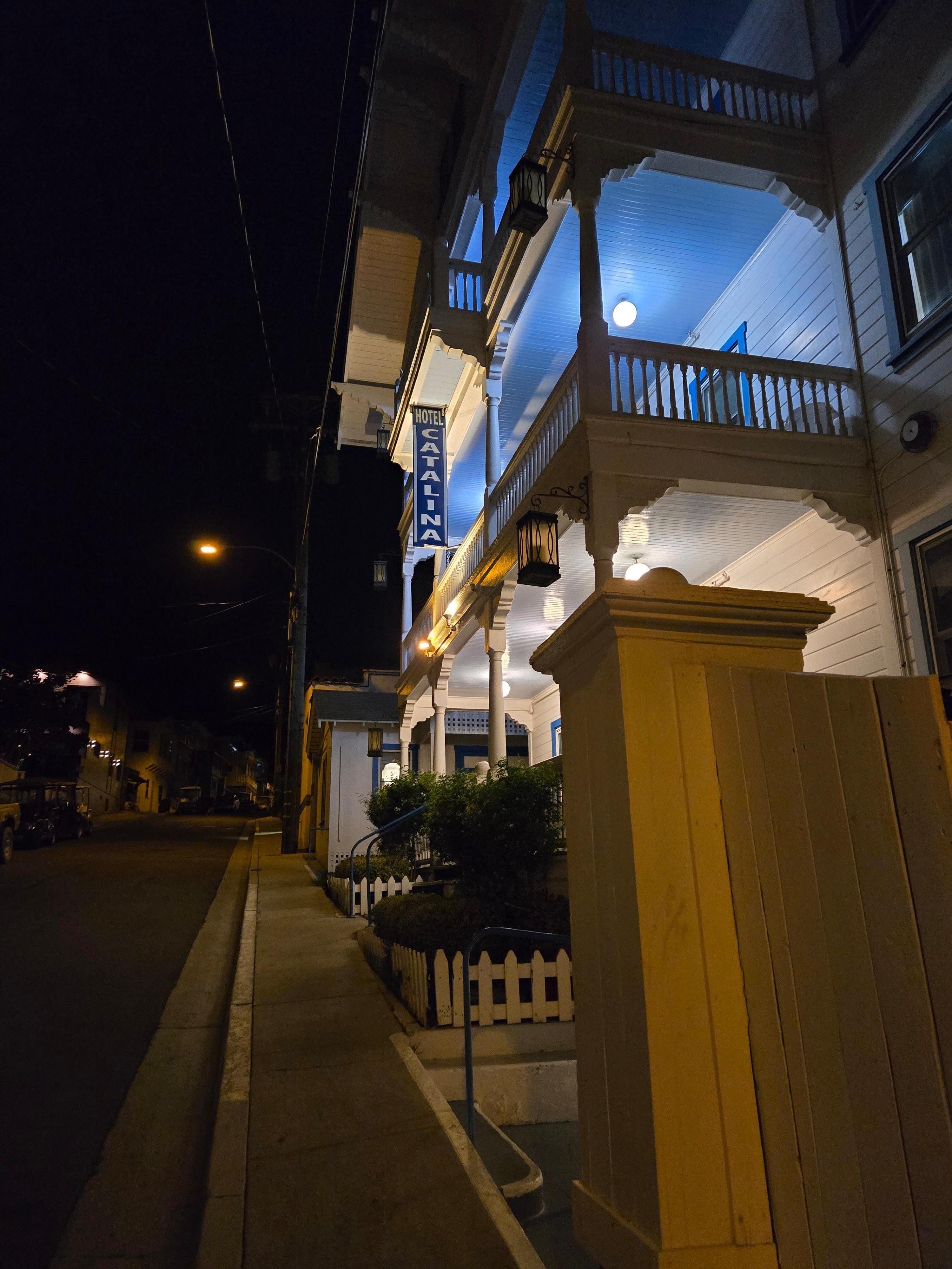 Hotel Catalina at night, as seen from the street