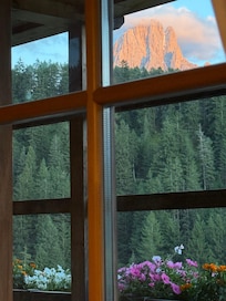 Sassolungo at sunset from the kitchen window.