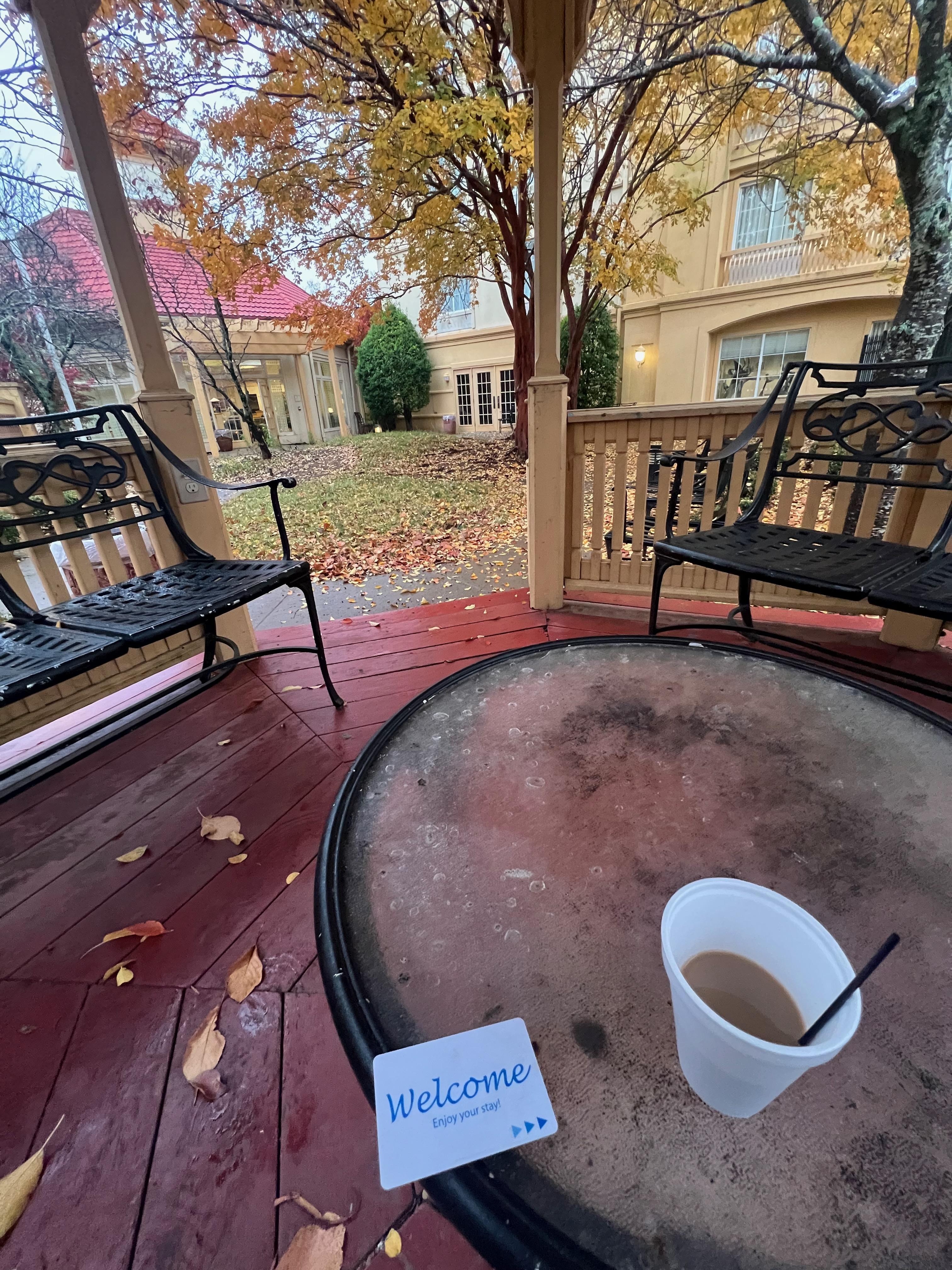In the gazebo on a fall morning.