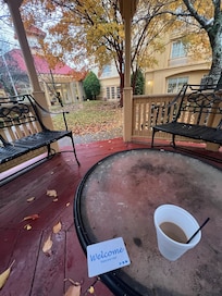 In the gazebo on a fall morning.