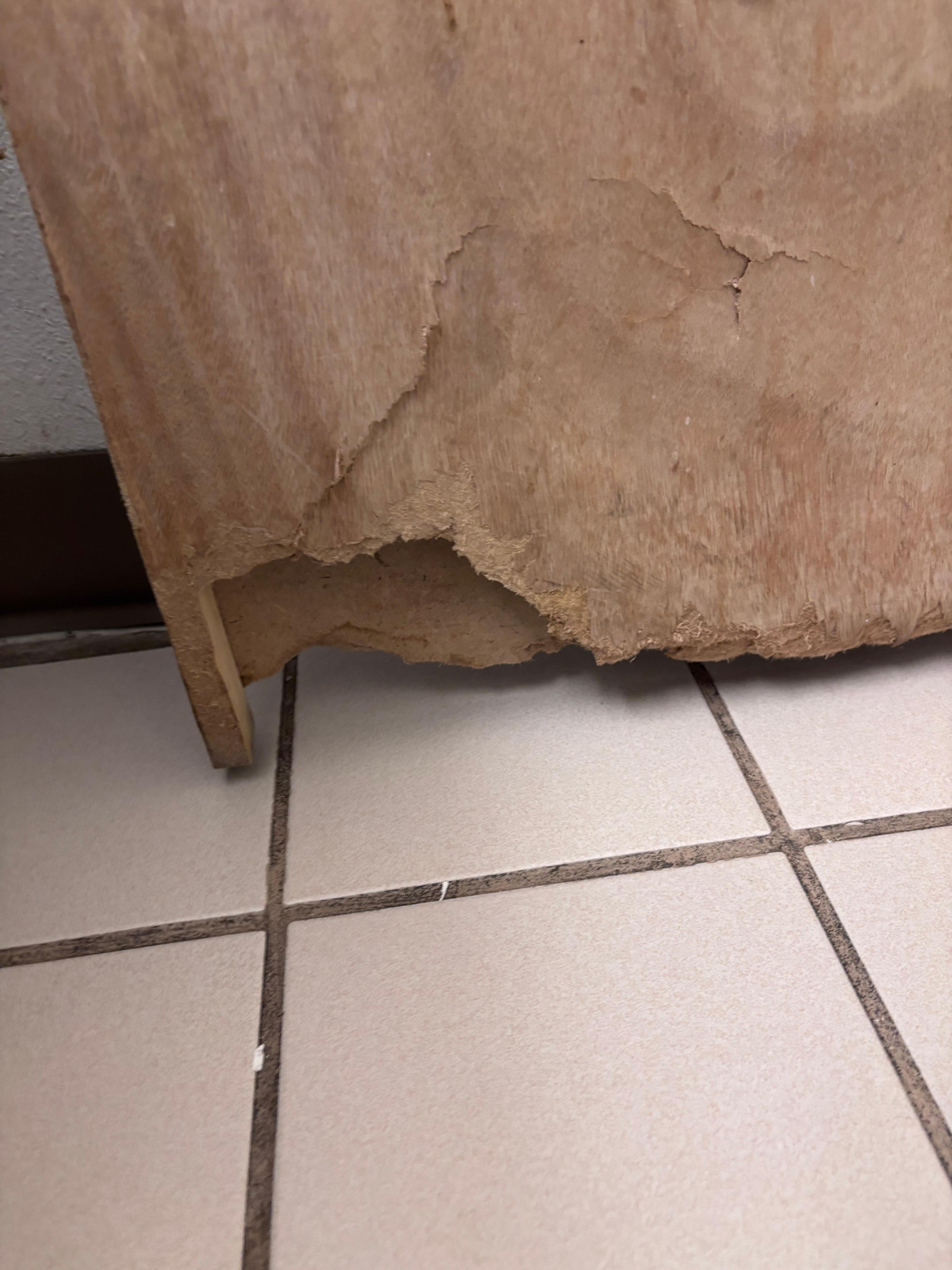 Rotting broken bathroom door in a “renovated “ room