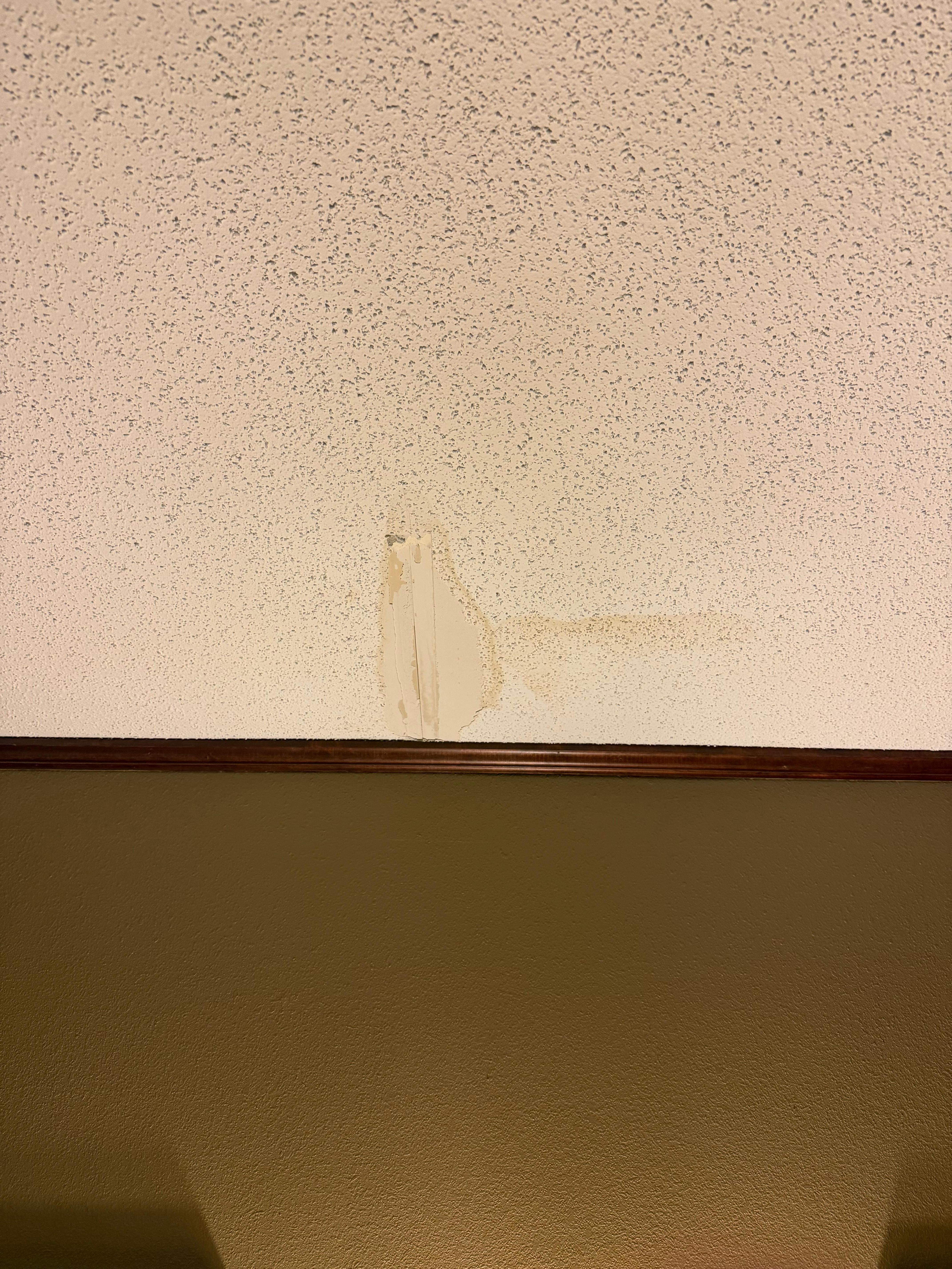 Water leak and stain on ceiling above beds.