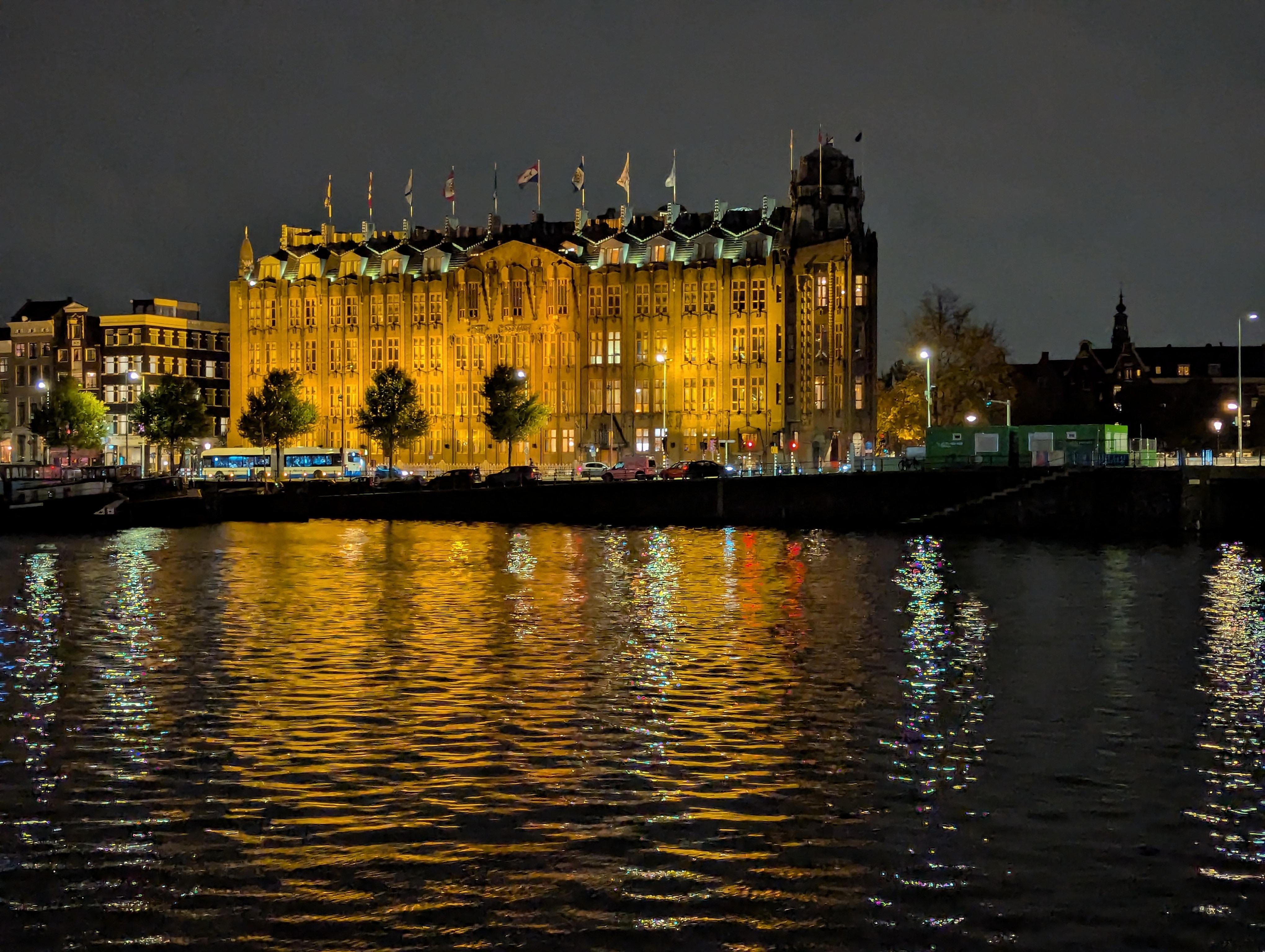 Night view of the hotel from across the river.